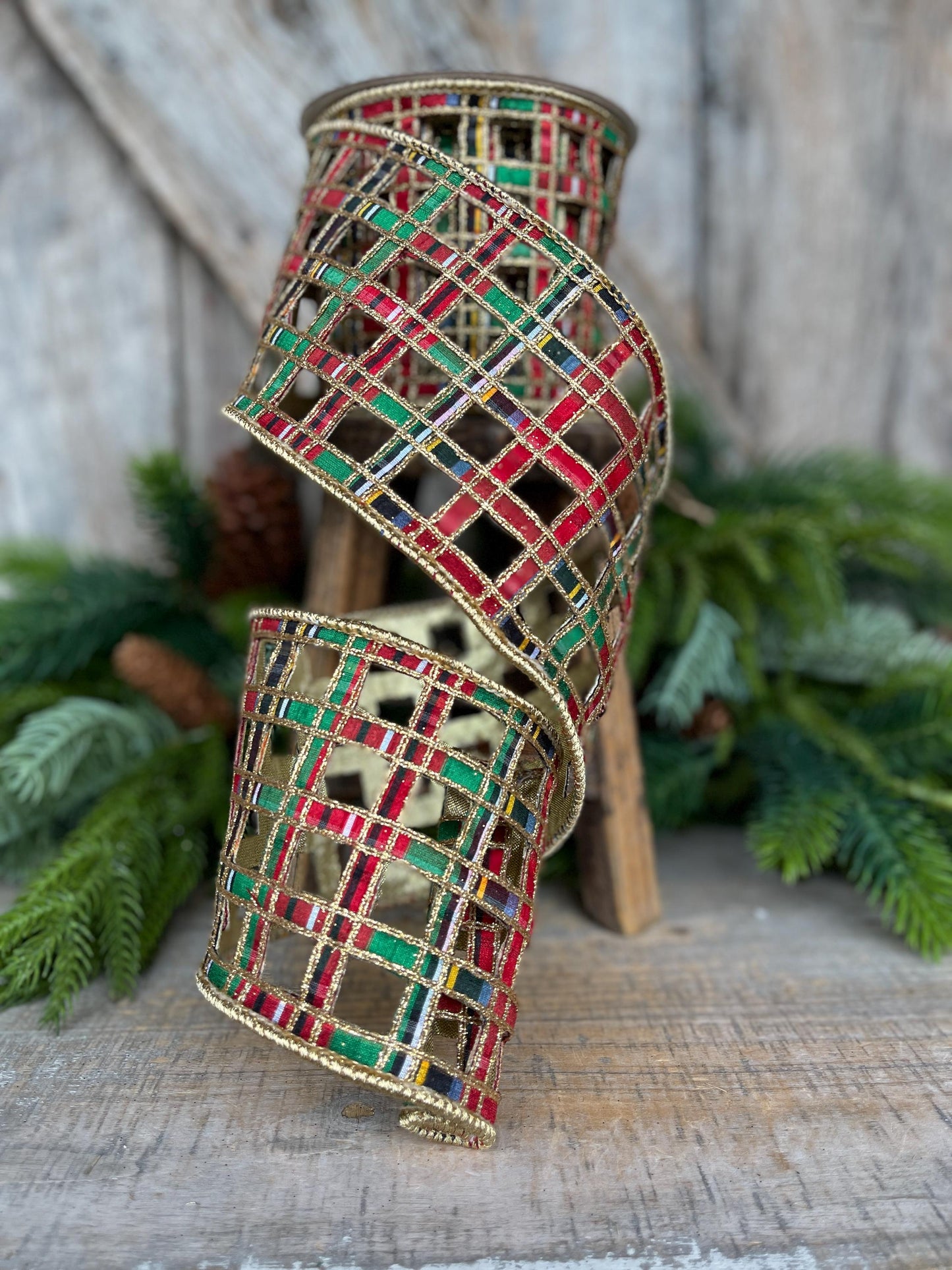 4" Traditional Christmas Plaid Ribbon, Farrisilk Ribbon, Window Plaid Ribbon