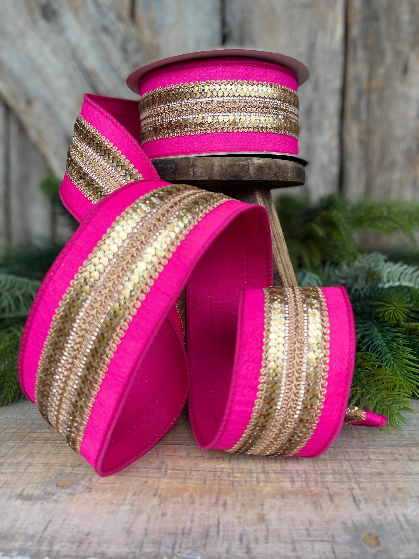 2.5" Hot Pink Gold Ribbon, Farrisilk Ribbon, Hot Pink Christmas Ribbon, Gilded Hearts Ribbon, SR112-15