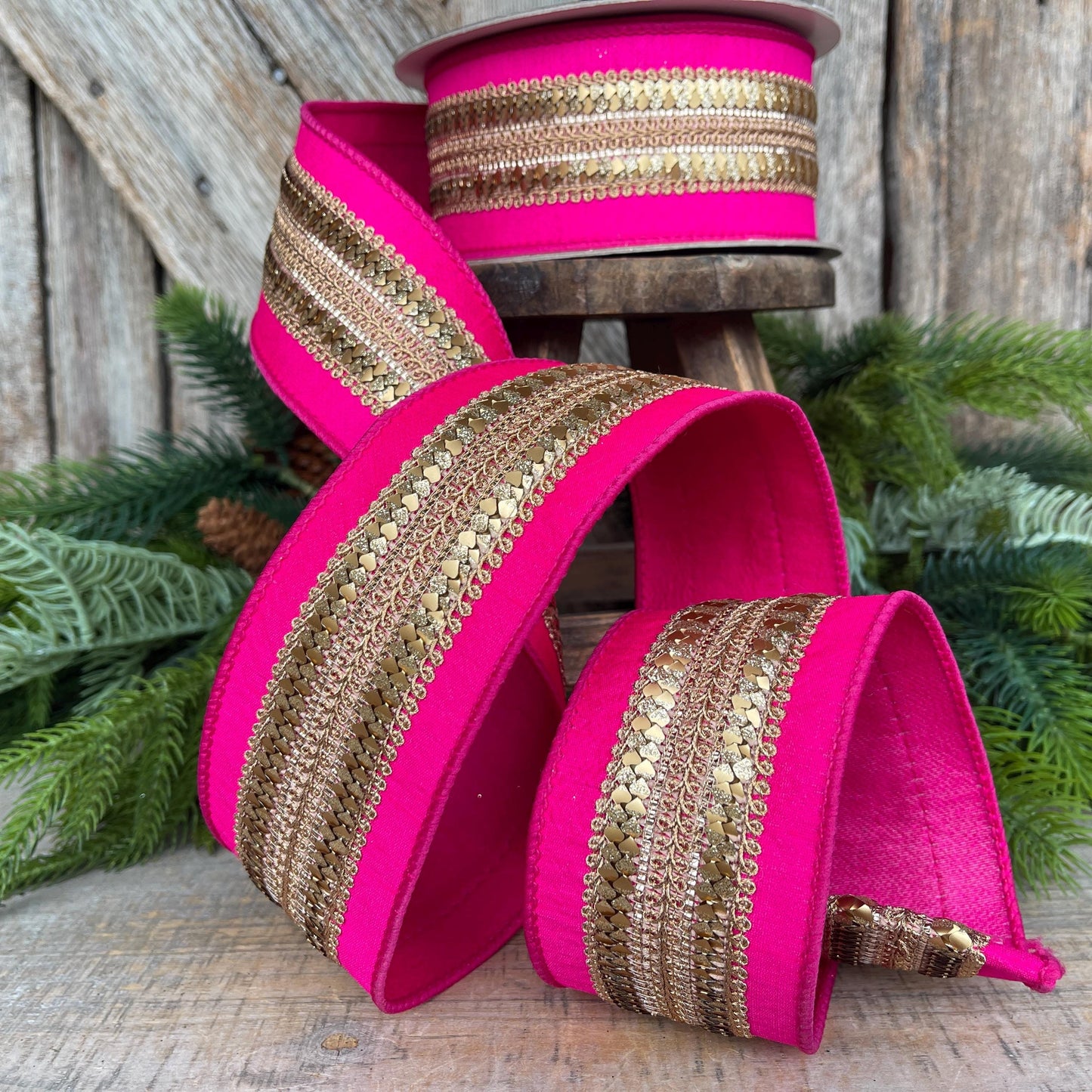 2.5" Hot Pink Gold Ribbon, Farrisilk Ribbon, Hot Pink Christmas Ribbon, Gilded Hearts Ribbon, SR112-15