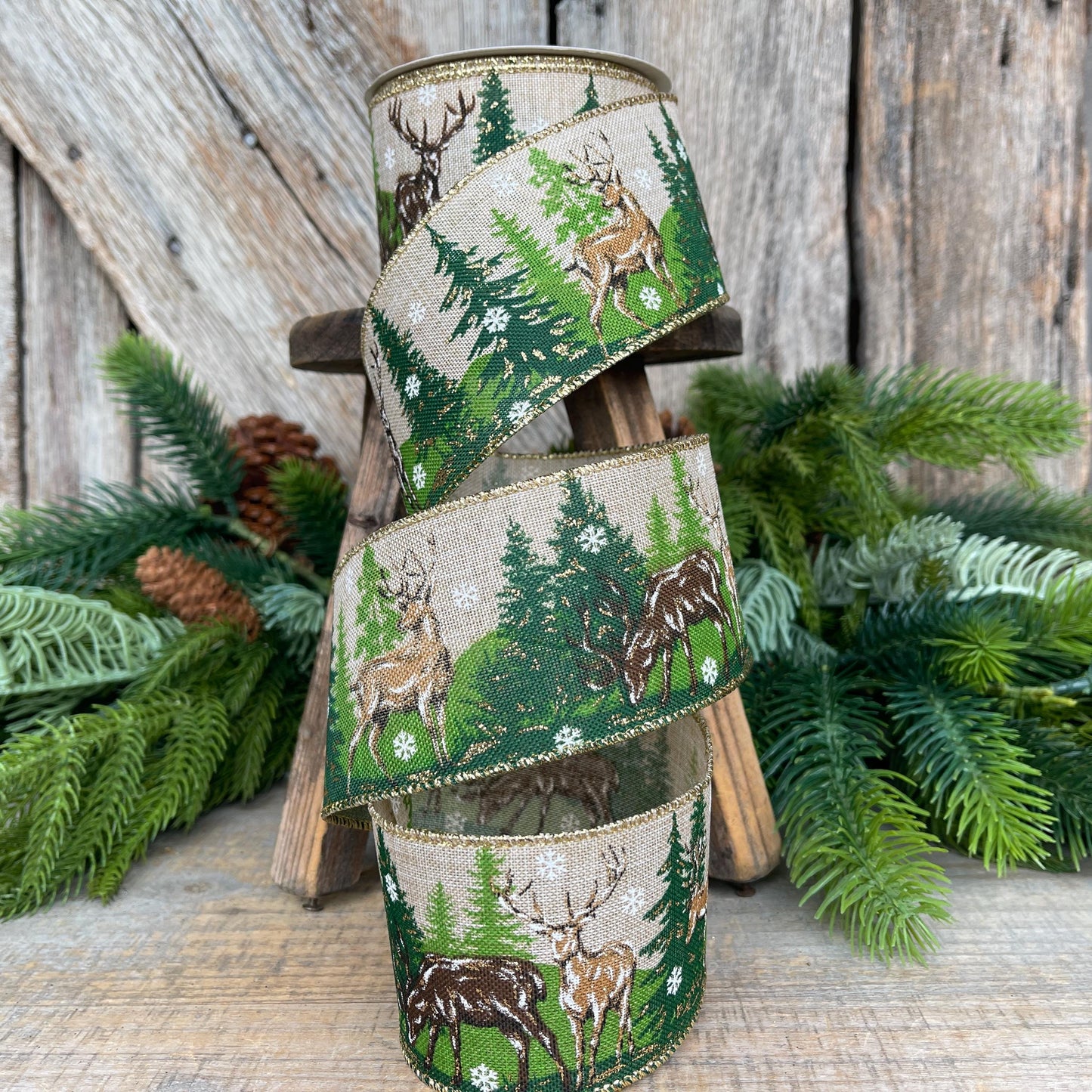2.5" Woodsy Christmas Ribbon, Reindeer Christmas Ribbon, Pine Trees Ribbon, Wired Ribbon, Reindeer and Tree Ribbon