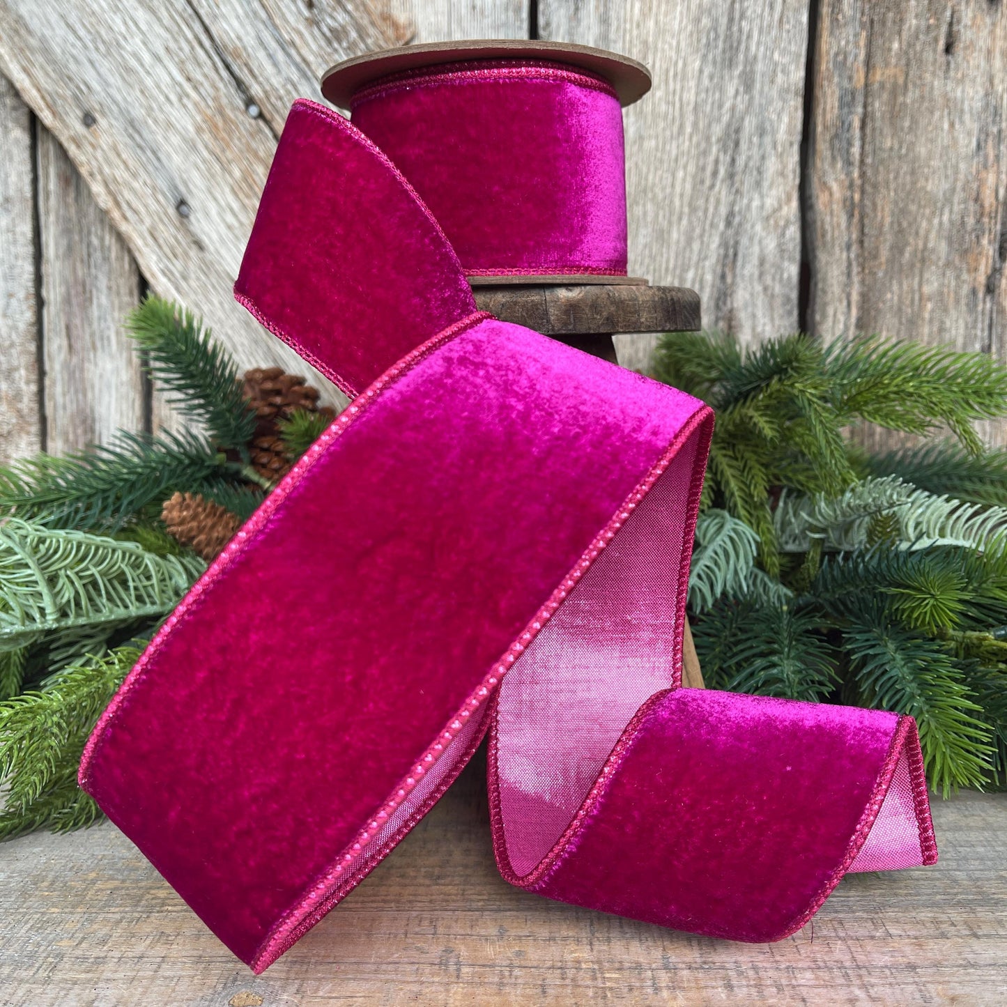 2.5" Hot Pink Velvet Ribbon, Wired Ribbon, Christmas Ribbon