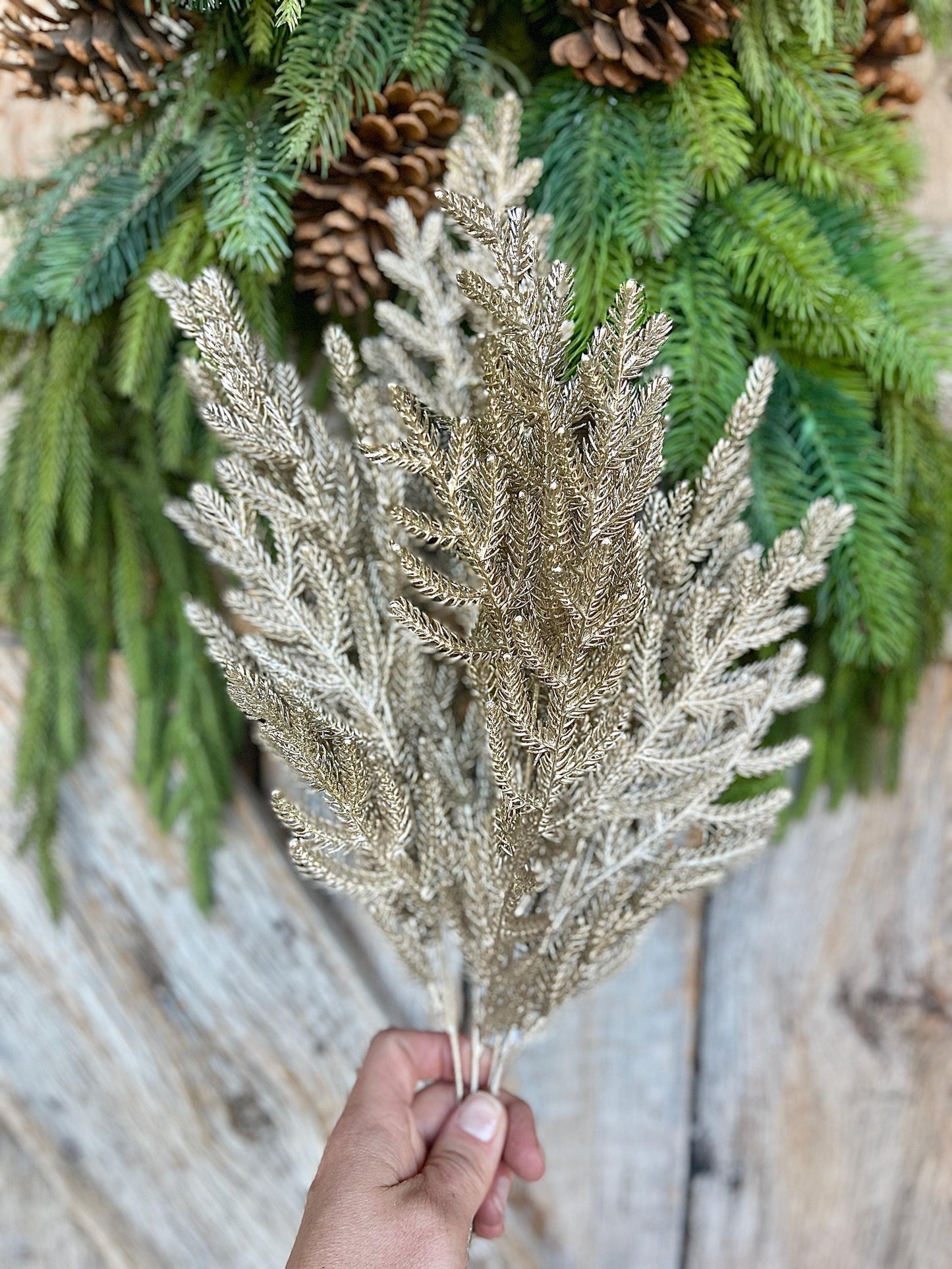 21" Champagne Gold Norfolk Pine Spray, Gold Christmas SPray, Christmas Tree Topper Spray