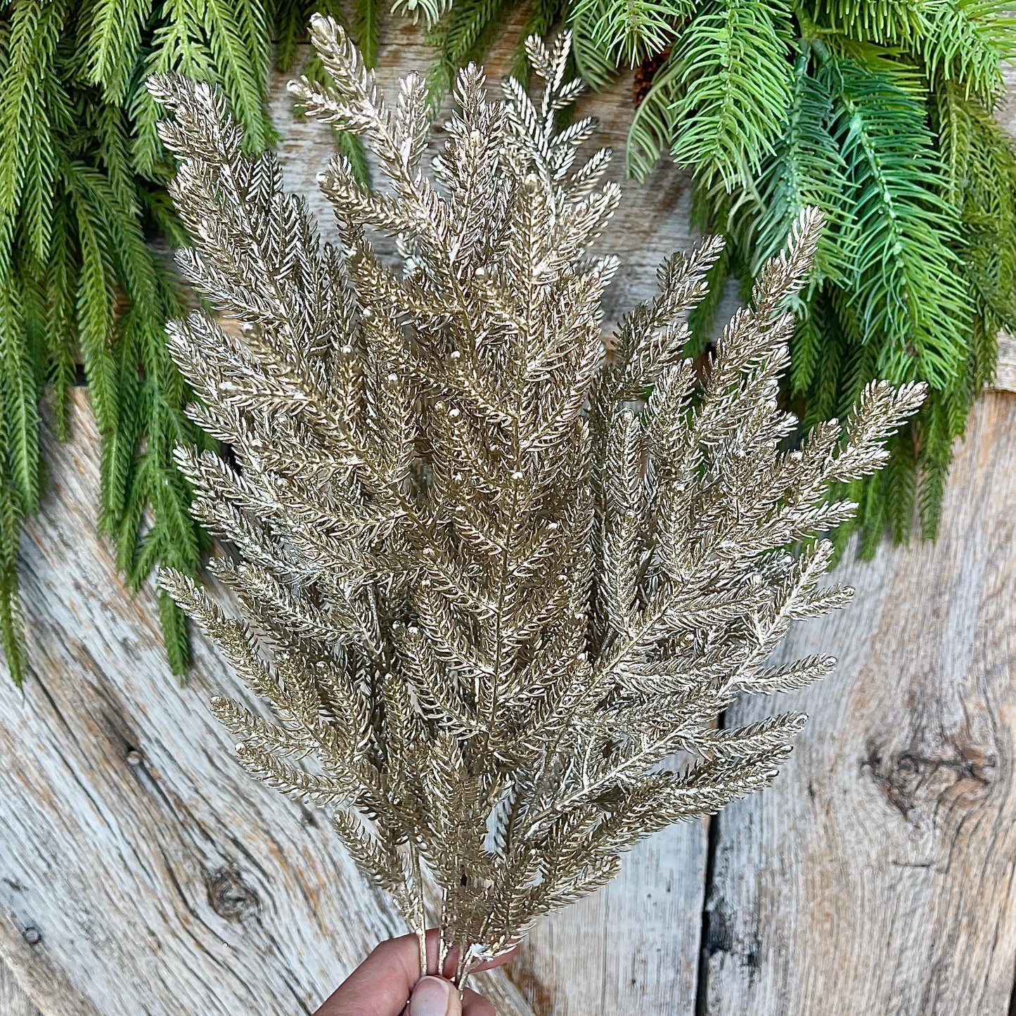 21" Champagne Gold Norfolk Pine Spray, Gold Christmas SPray, Christmas Tree Topper Spray