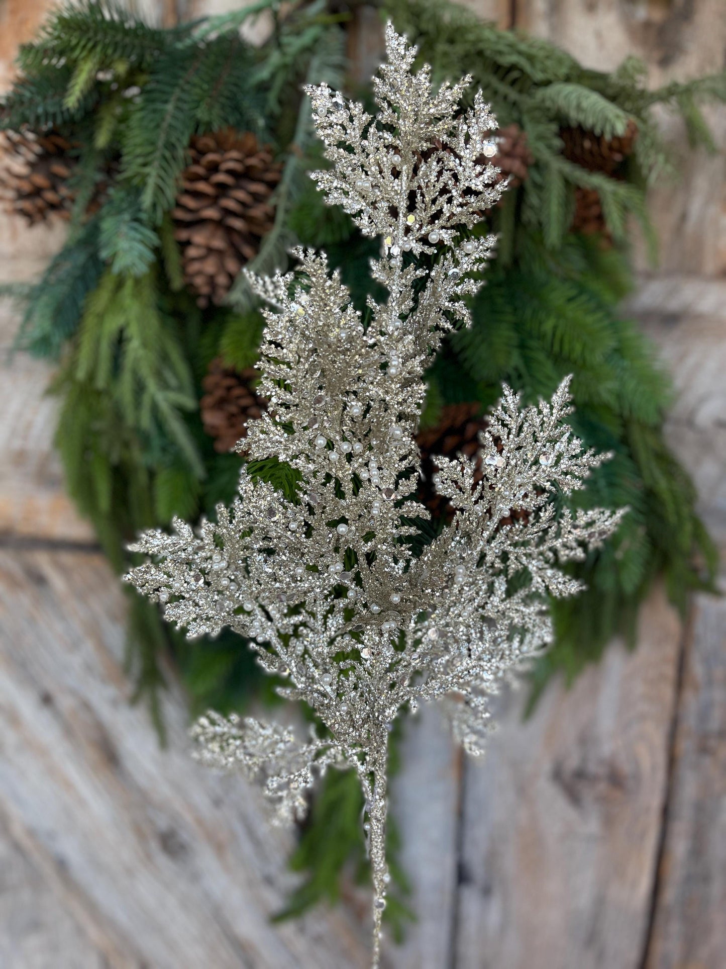 33" Glitter Pearl Twig Spray, Platinum Christmas Tree Picks & Stems, Christmas Tree Spray, Christmas Floral Spray, 40341-PLATINIUM