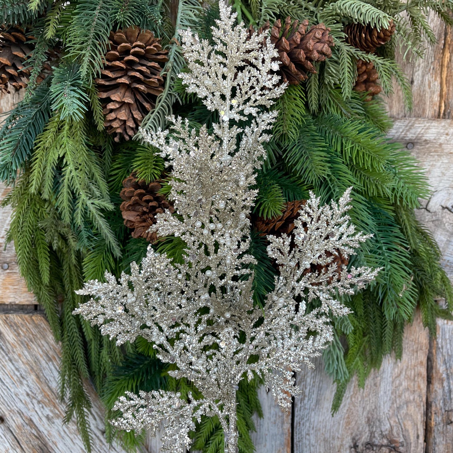 33" Glitter Pearl Twig Spray, Platinum Christmas Tree Picks & Stems, Christmas Tree Spray, Christmas Floral Spray, 40341-PLATINIUM