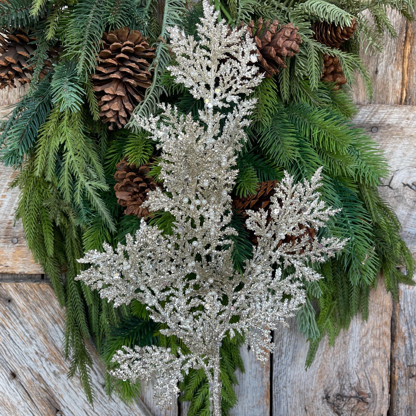 33" Glitter Pearl Twig Spray, Platinum Christmas Tree Picks & Stems, Christmas Tree Spray, Christmas Floral Spray, 40341-PLATINIUM