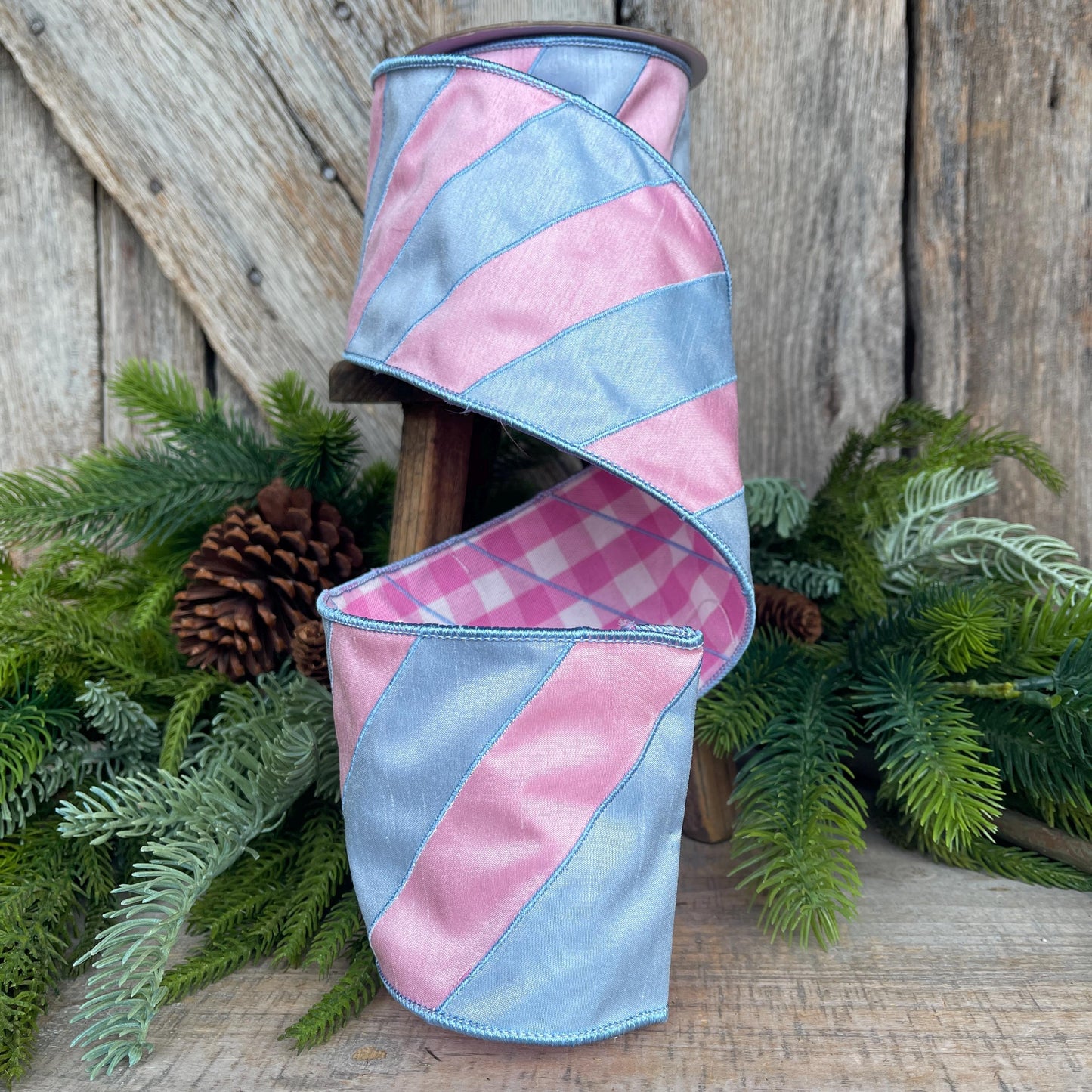 4" Pink and Blue Stripe Ribbon, Baby Blue Ribbon, Blue and Pink Diagonal Stripe Ribbon