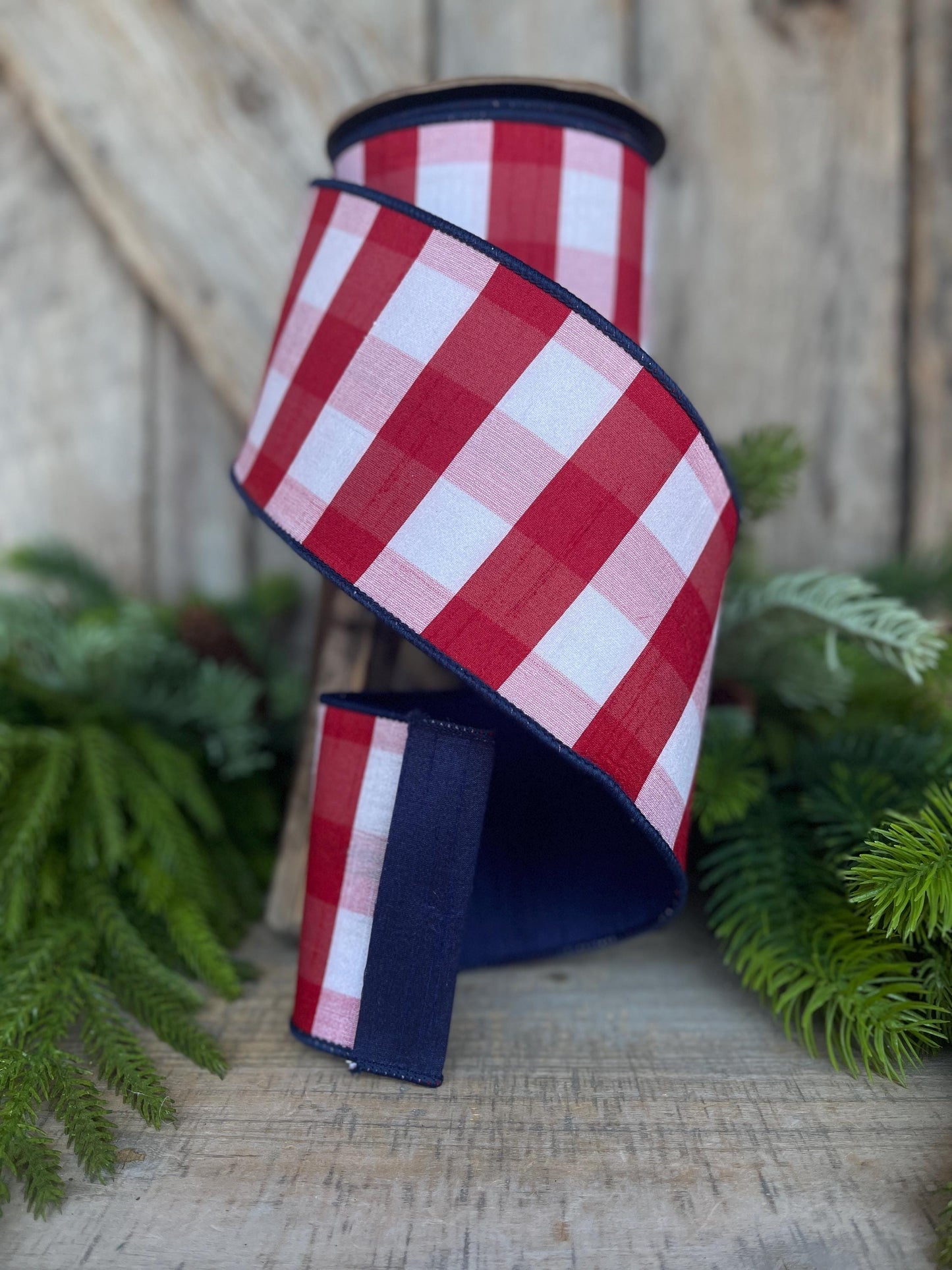 4" Patriotic Plaid Ribbon, D Stevens Ribbon, Red white blue check ribbon