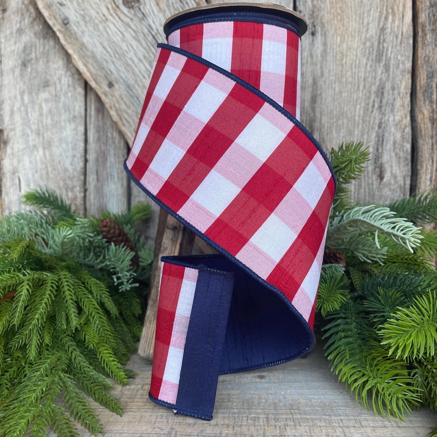 4" Patriotic Plaid Ribbon, D Stevens Ribbon, Red white blue check ribbon