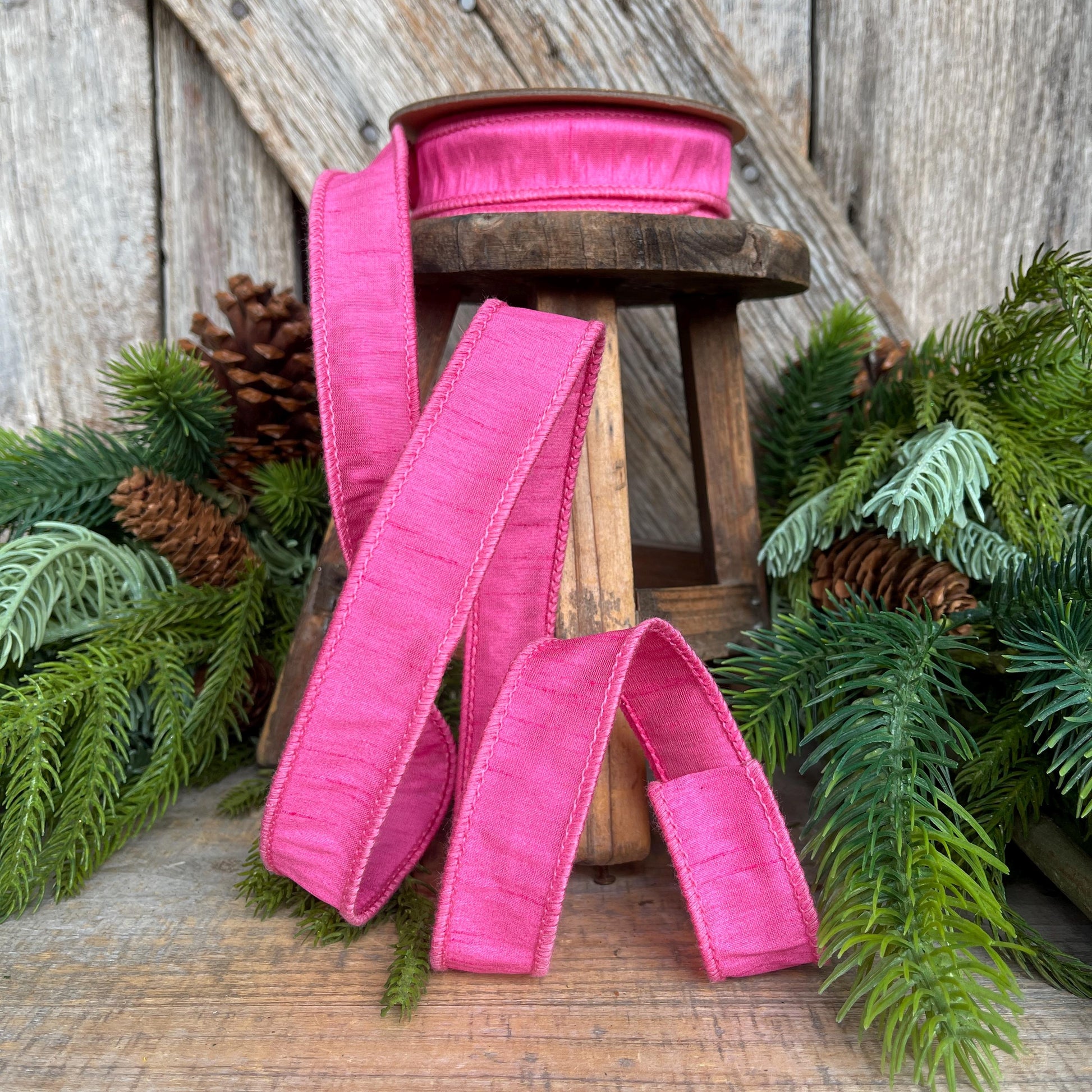 1" Pink Dupioni Ribbon, Wired Ribbon, Bubblegum Pink Ribbon