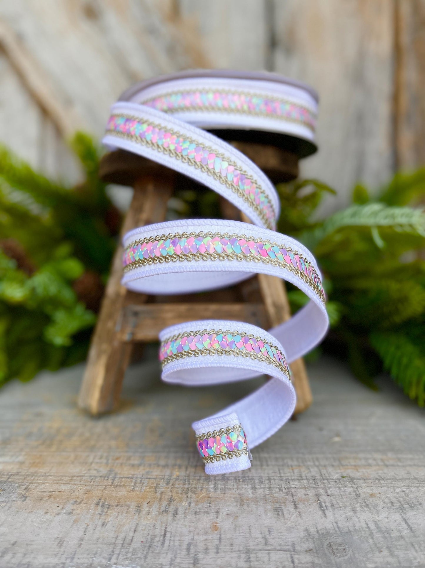 1" White Pastel Sequin Ribbon, Farrisilk Ribbon, Sequin RIbbon