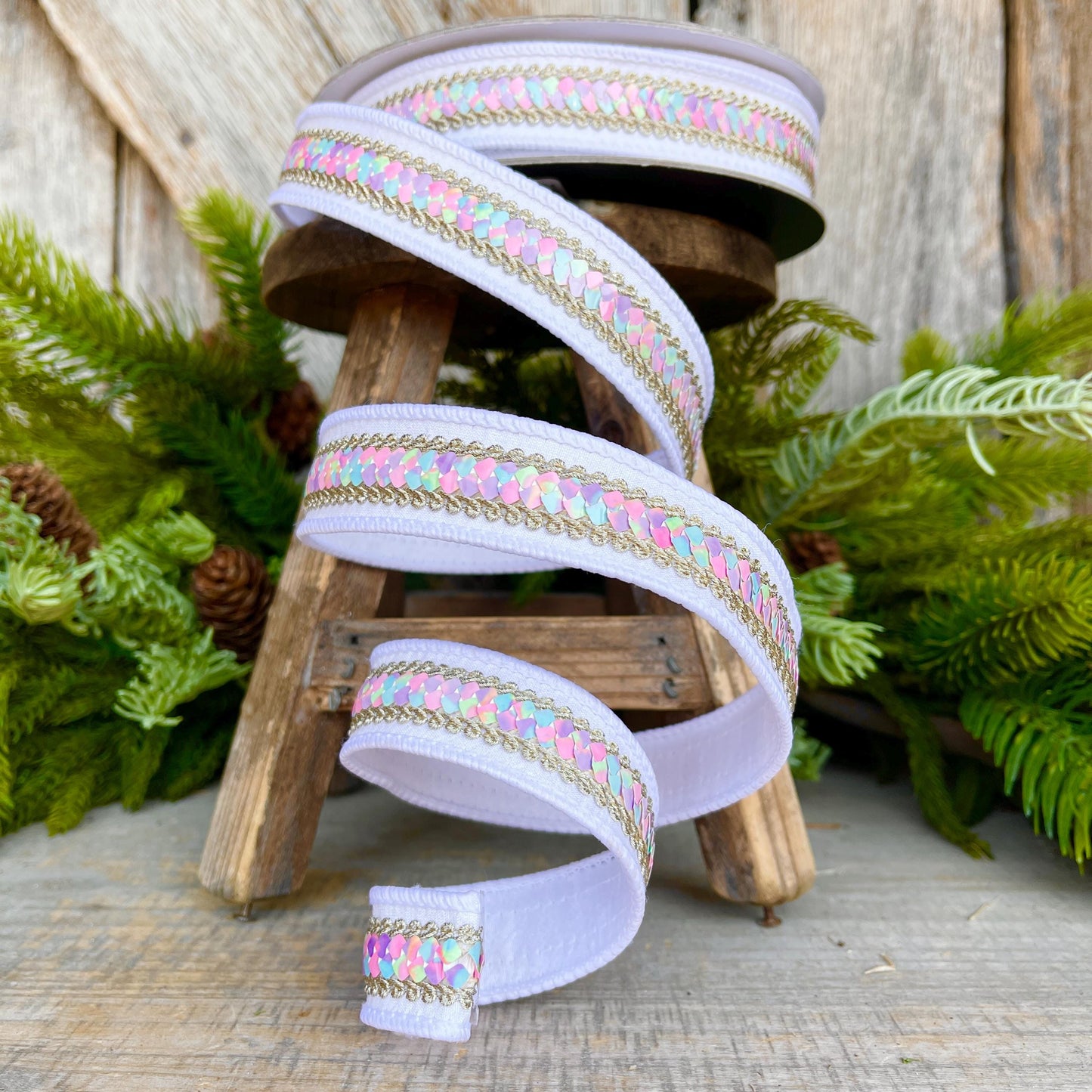 1" White Pastel Sequin Ribbon, Farrisilk Ribbon, Sequin RIbbon, Pastel Ribbon, Candy Ribbon, Heart Strings Ribbon, Christmas Ribbon,SR106-43