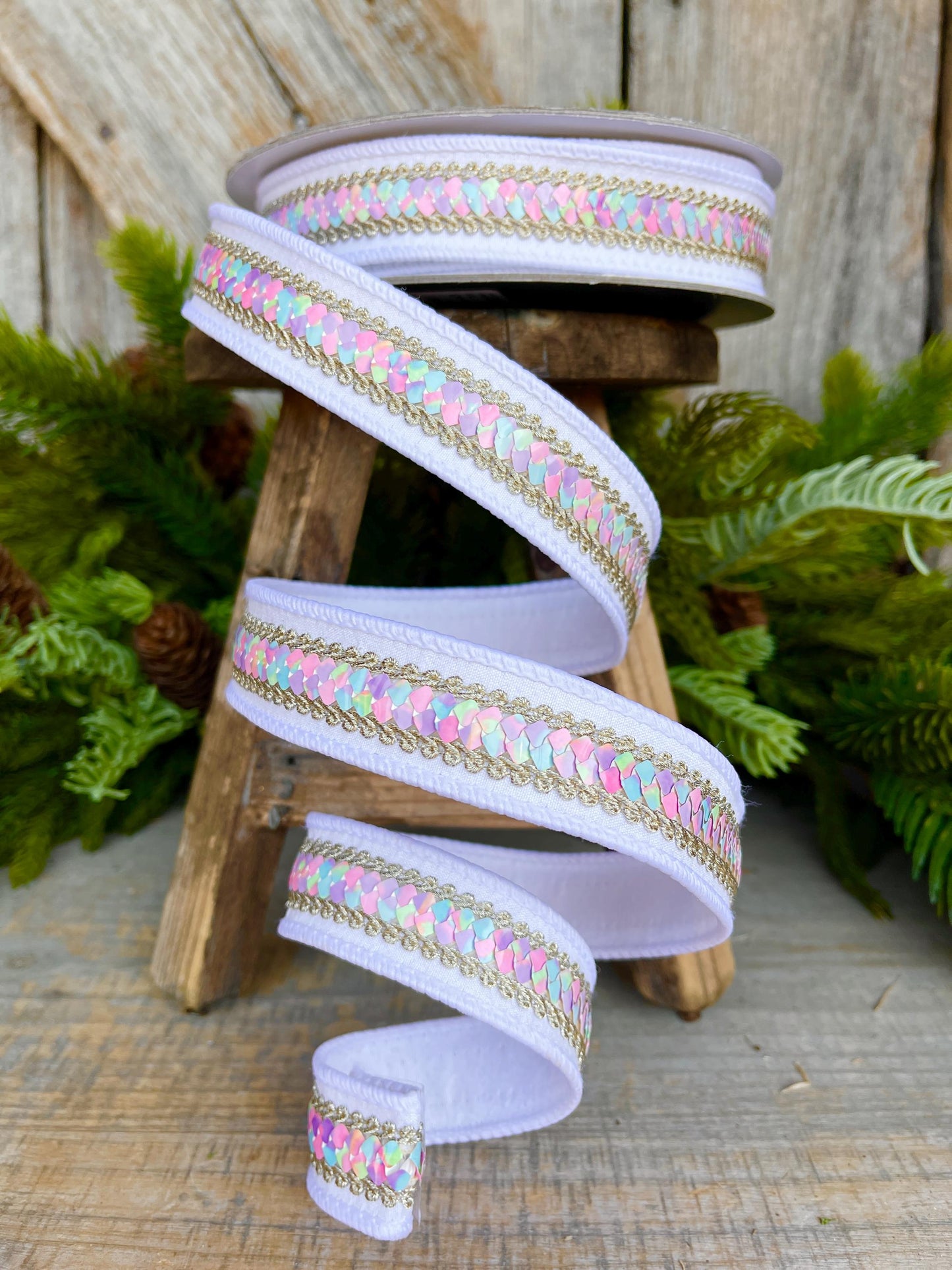 1" White Pastel Sequin Ribbon, Farrisilk Ribbon, Sequin RIbbon, Pastel Ribbon, Candy Ribbon, Heart Strings Ribbon, Christmas Ribbon,SR106-43