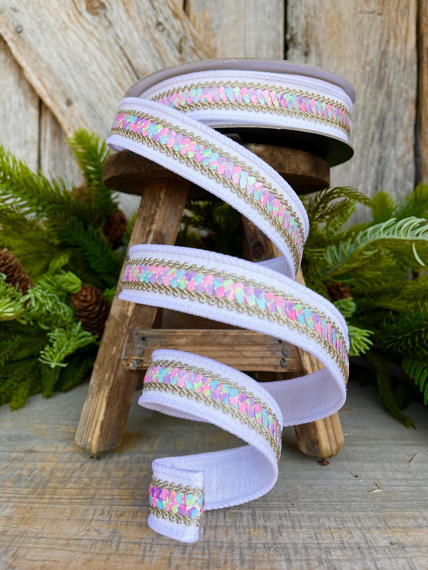 1" White Pastel Sequin Ribbon, Farrisilk Ribbon, Sequin RIbbon, Pastel Ribbon, Candy Ribbon, Heart Strings Ribbon, Christmas Ribbon,SR106-43