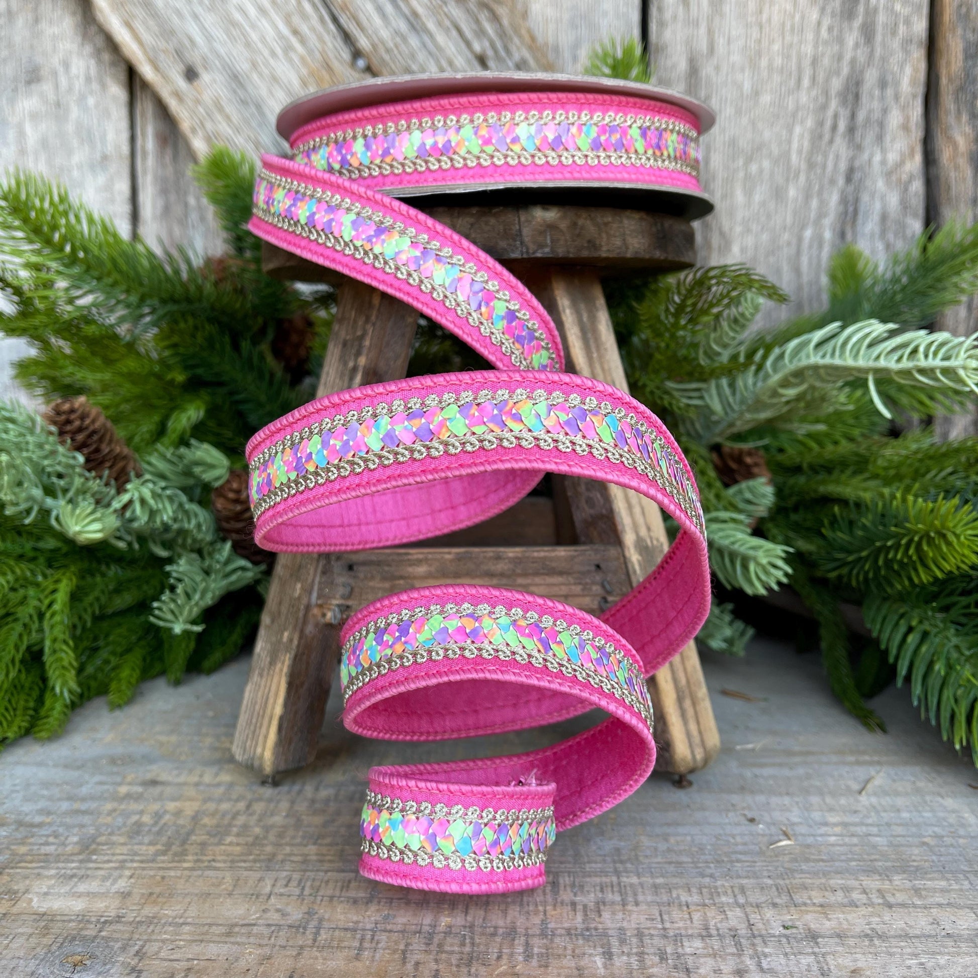 1" Pink Pastel Sequin Ribbon, Farrisilk Ribbon, Sequin RIbbon