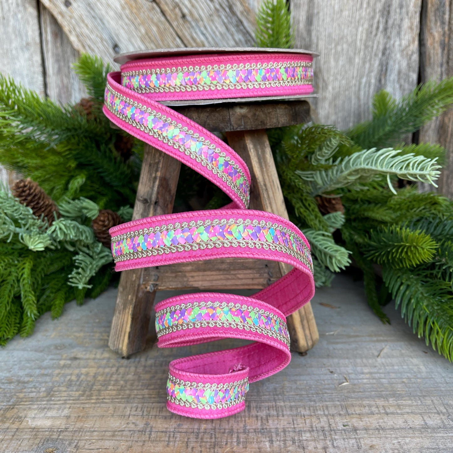 1" Pink Pastel Sequin Ribbon, Farrisilk Ribbon, Sequin RIbbon