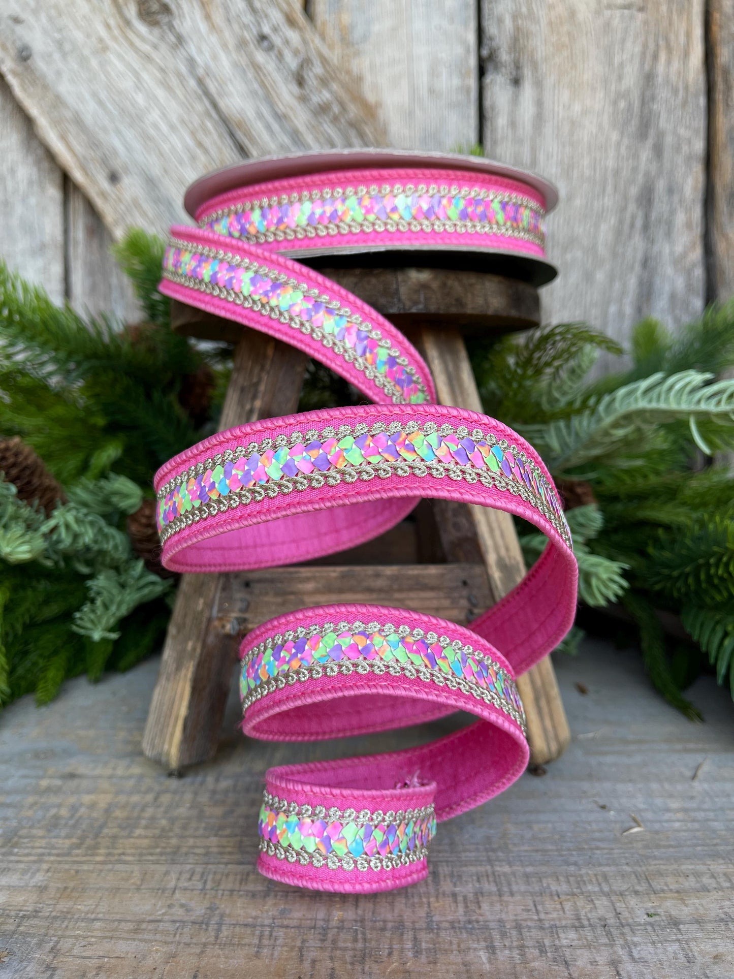 1" Pink Pastel Sequin Ribbon, Farrisilk Ribbon, Sequin RIbbon