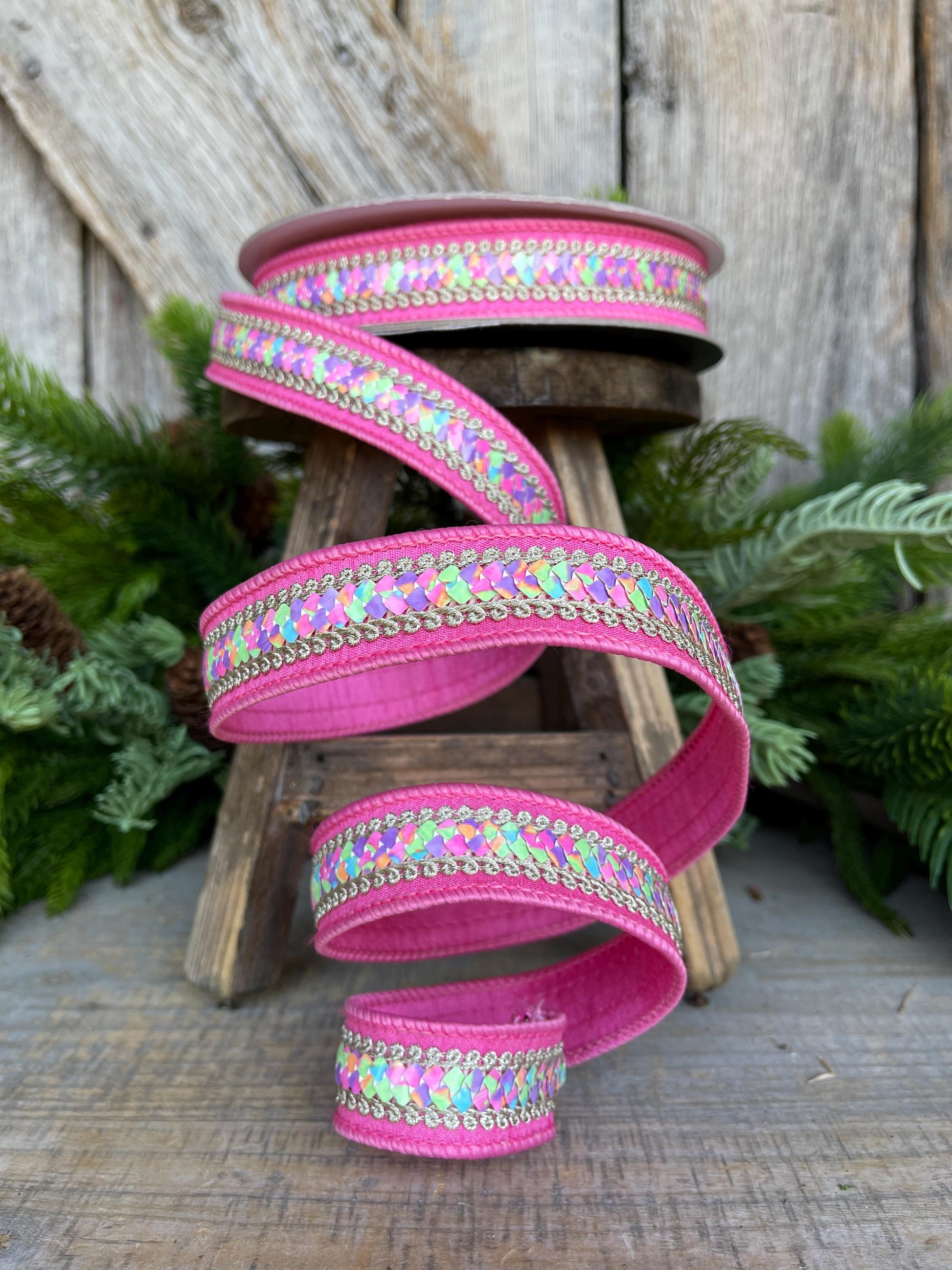 1" Pink Pastel Sequin Ribbon, Farrisilk Ribbon, Sequin RIbbon