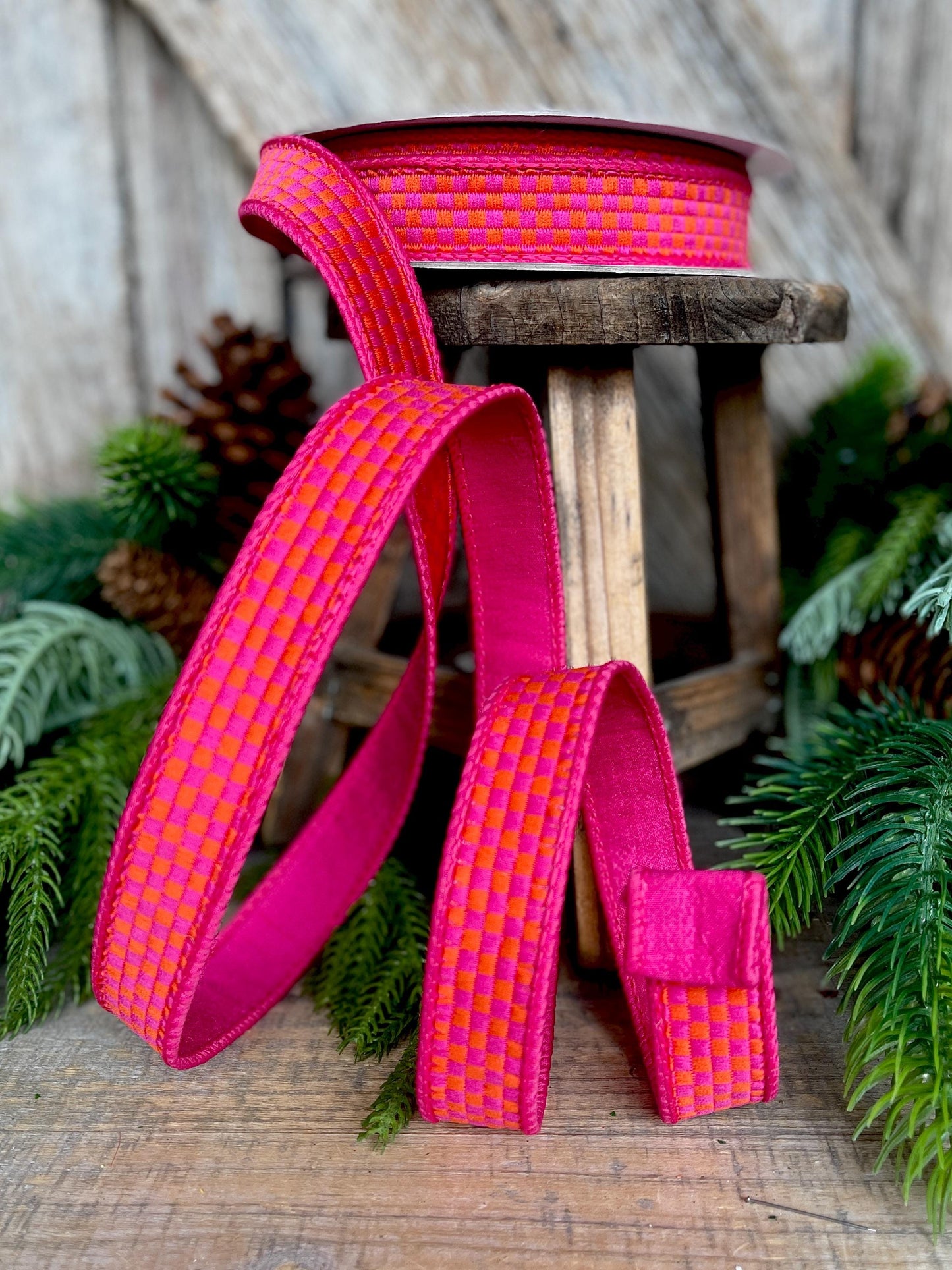 1" Hot Pink Orange Ribbon, Farrisilk Ribbon, Kitschy Checks Ribbon, Wired Ribbon, Pink Orange Christmas Ribbon, RK848-32