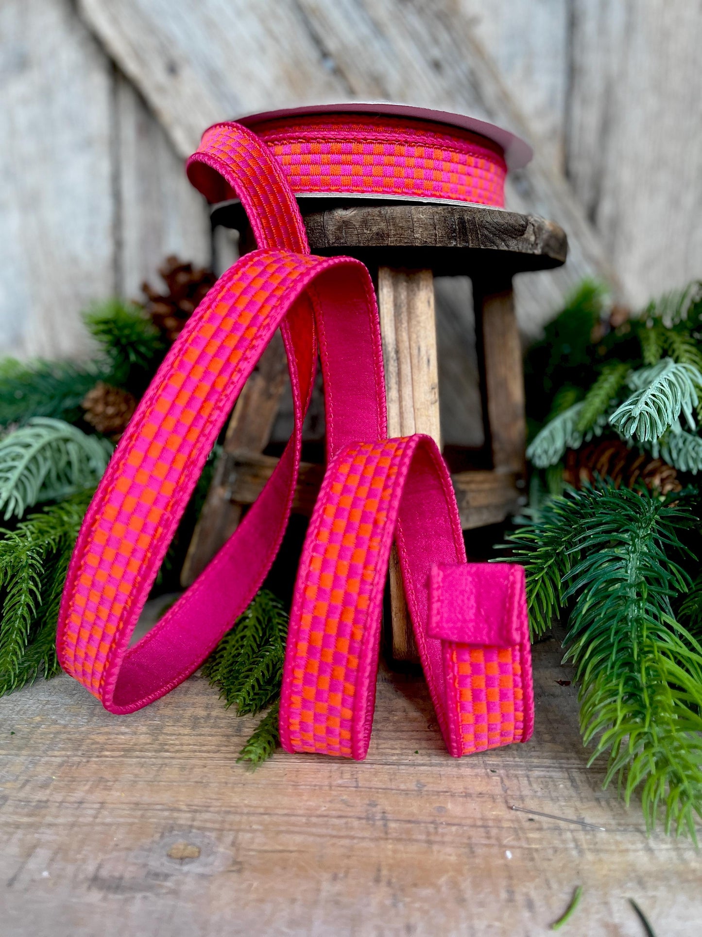 1" Hot Pink Orange Ribbon, Farrisilk Ribbon, Kitschy Checks Ribbon