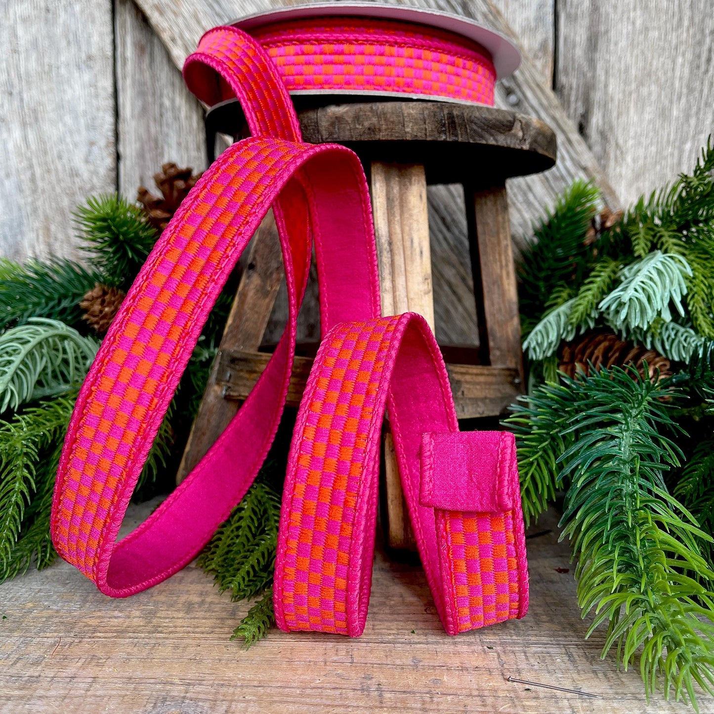 1" Hot Pink Orange Ribbon, Farrisilk Ribbon, Kitschy Checks Ribbon, Wired Ribbon, Pink Orange Christmas Ribbon, RK848-32