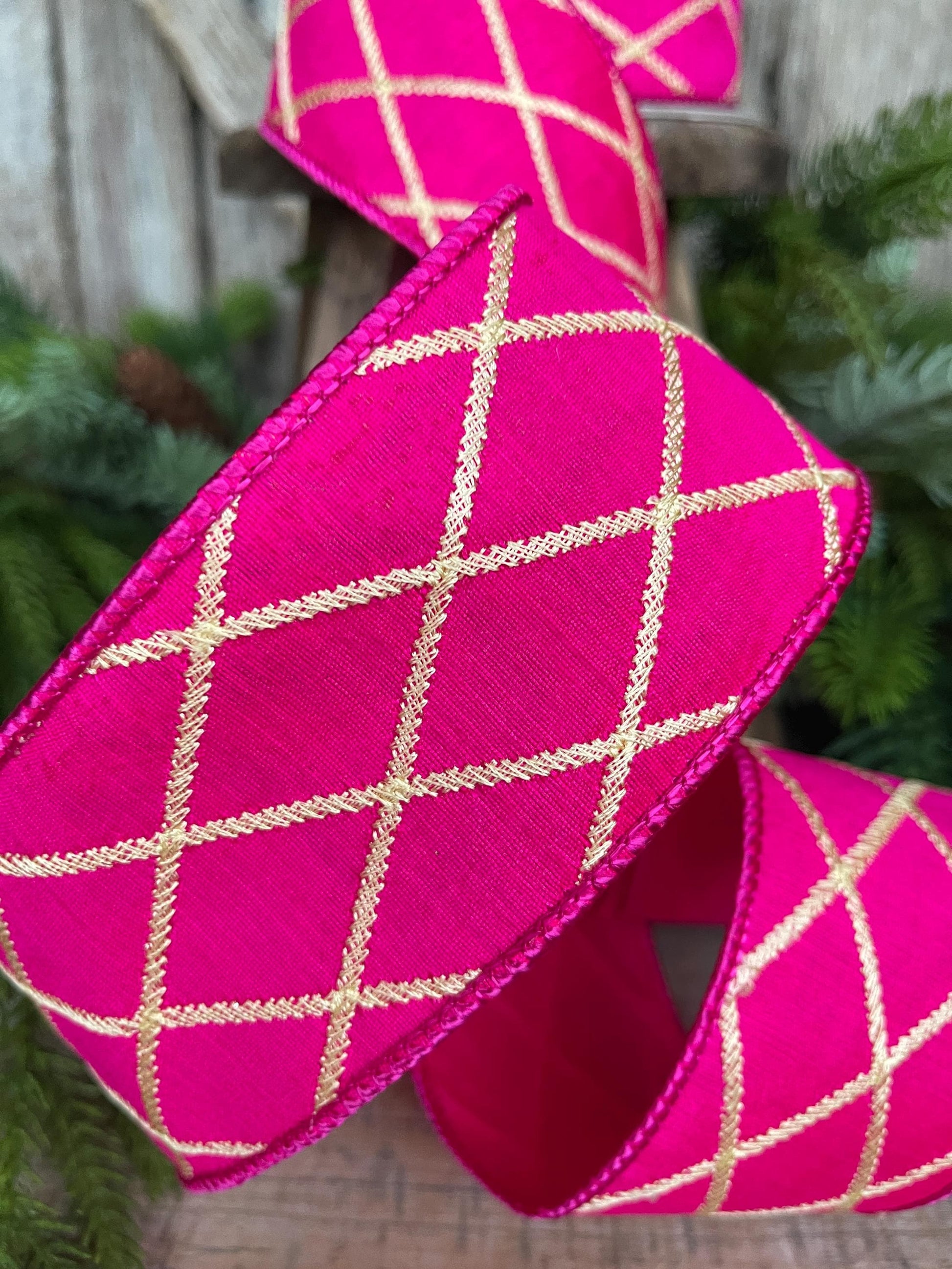 2.5" Hot Pink Gold Lattice Ribbon, Hot Pink Ribbon, Hot Pink Christmas Ribbon