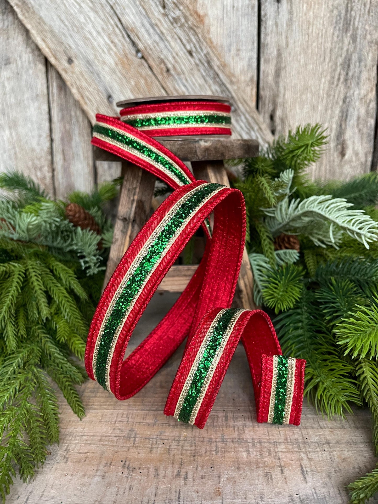 1" Red Green Gold Ribbon, Christmas ribbon, Green Red RIbbon, Emerald Green Ribbon, Christmas Ribbon, Designer RIbbon, 94288W-985-05D