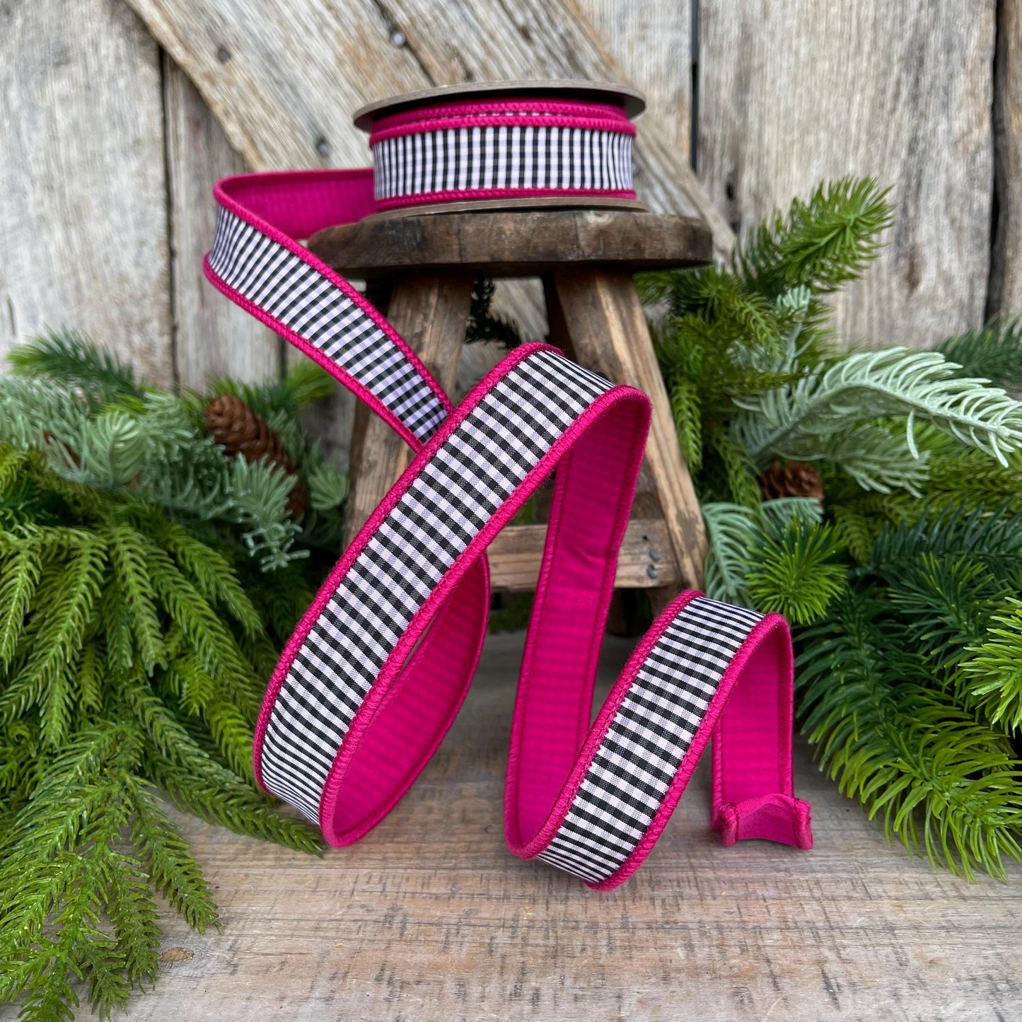 1" Hot Pink & Black White Mini Checkered Ribbon, D Stevens Ribbon, Check Ribbon, Narrow Ribbon, Designer RIbbon, Wreath Supply, 87-1643