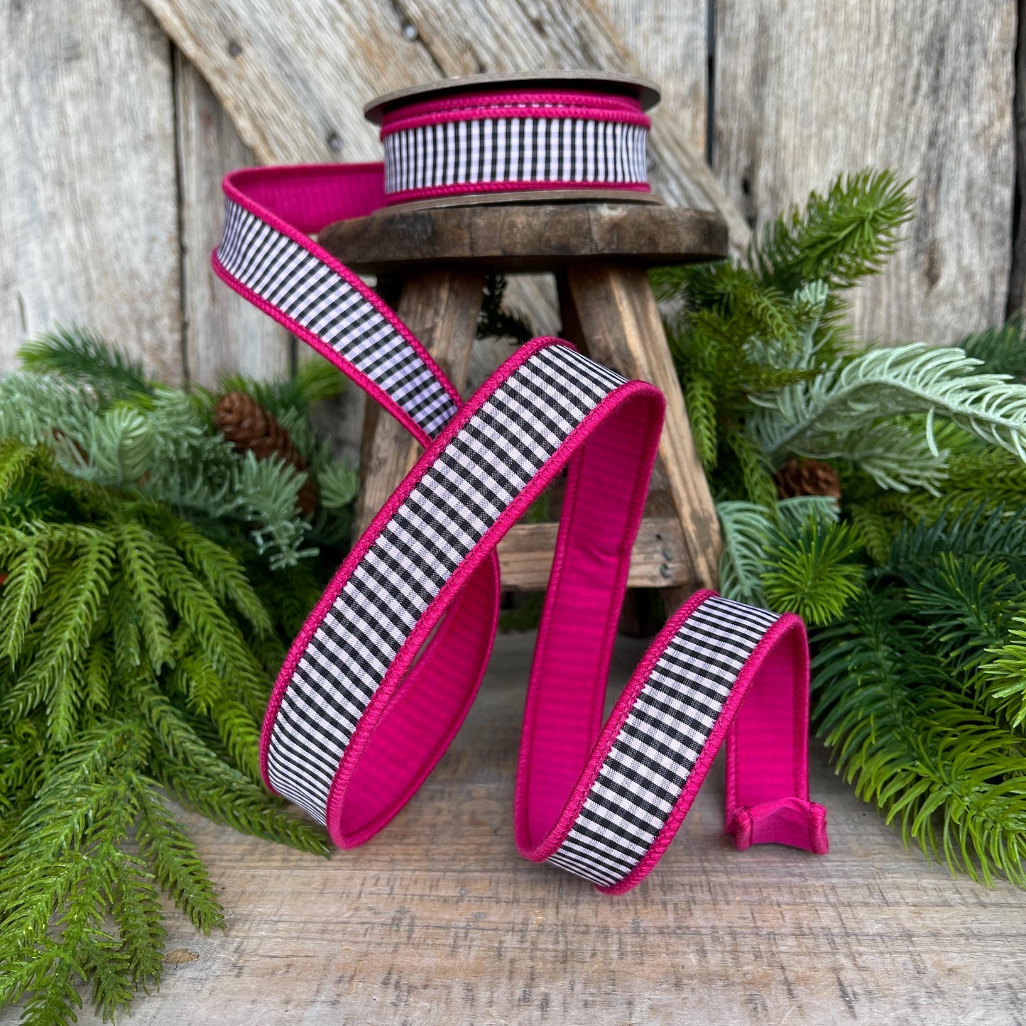 1" Hot Pink & Black White Mini Checkered Ribbon, D Stevens Ribbon, Check Ribbon, Narrow Ribbon, Designer RIbbon, Wreath Supply, 87-1643