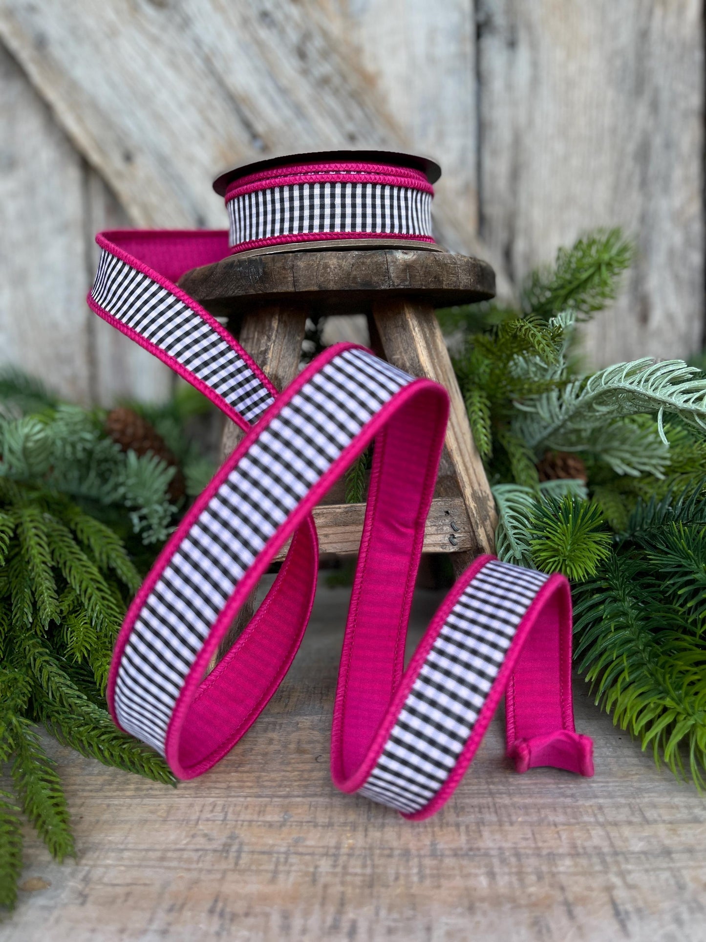 1" Hot Pink & Black White Mini Checkered Ribbon, D Stevens Ribbon, Check Ribbon, Narrow Ribbon, Designer RIbbon, Wreath Supply, 87-1643