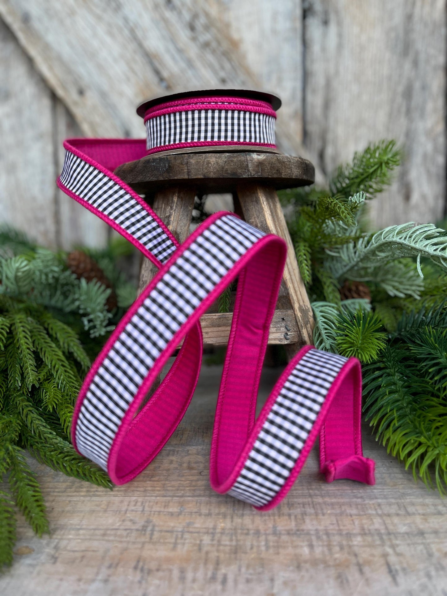 1" Hot Pink & Black White Mini Checkered Ribbon, D Stevens Ribbon, Check Ribbon