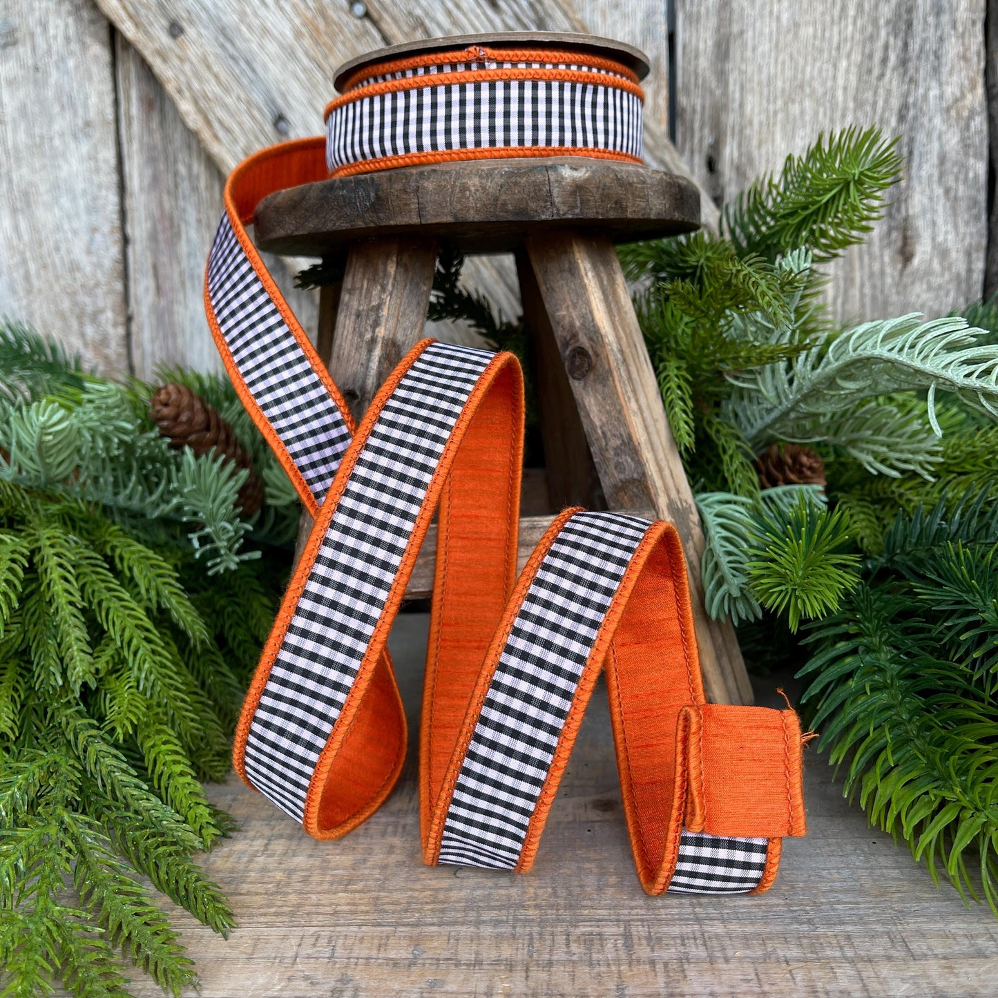 1" Orange & Black White Mini Checkered Ribbon, D Stevens Ribbon, Fall Check Ribbon, Narrow Ribbon, Designer RIbbon, Wreath Supply, 87-1635