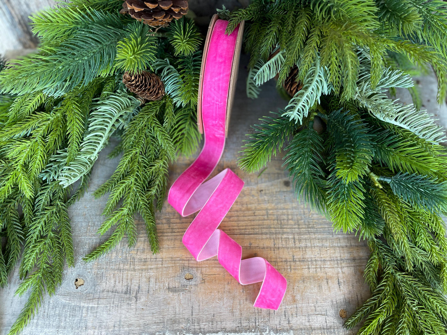 1" Hot Pink Unwired Velvet Ribbon, Christmas Bow Ribbon, Pink Velvet Ribbon, Christmas Tree Ribbon