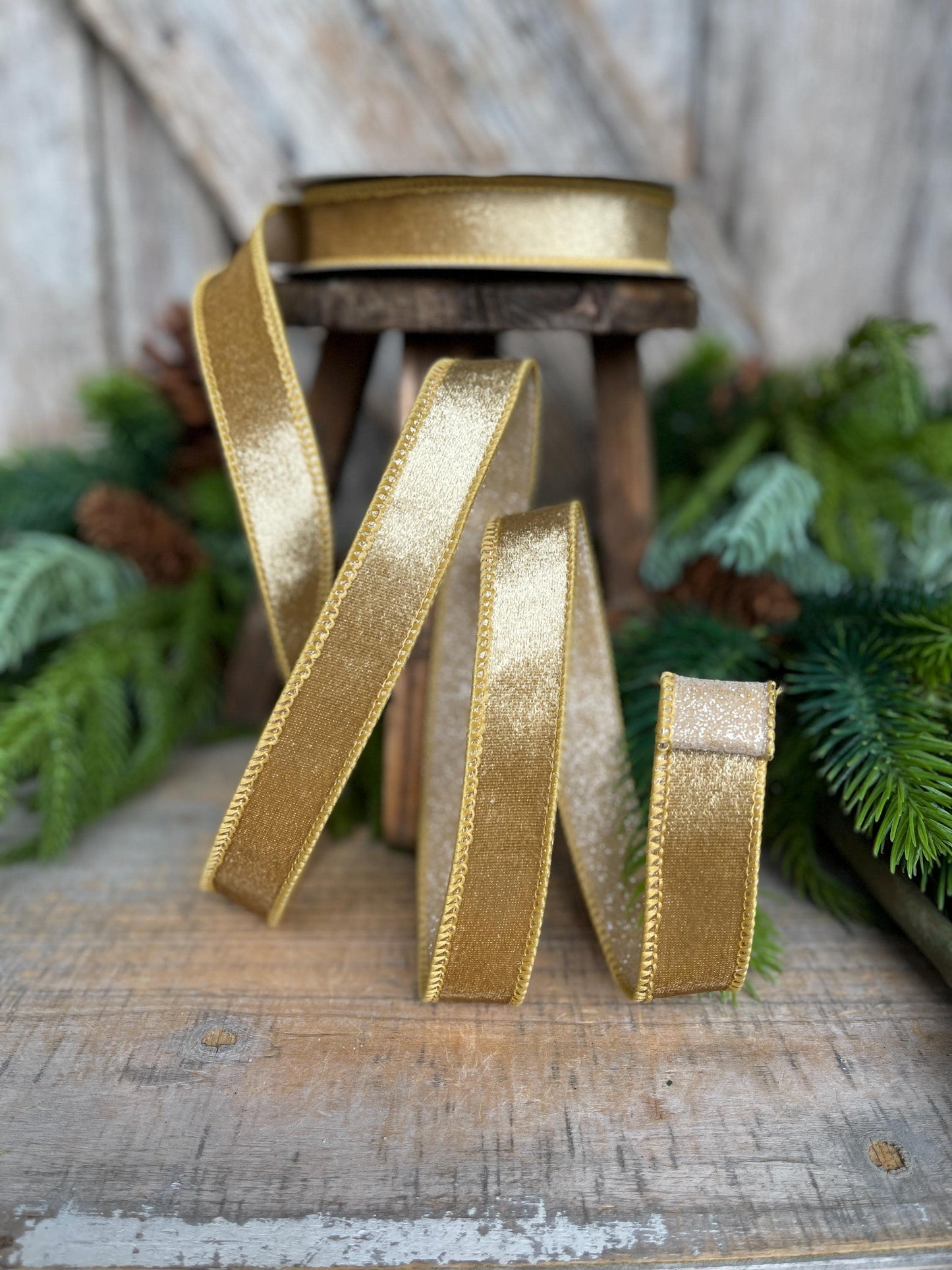 1" Gold Velvet Ribbon, Farrisilk Ribbon, Gold Ribbon, Christmas Ribbon, Plush Stardust ribbon, Designer Ribbon, RS206-50