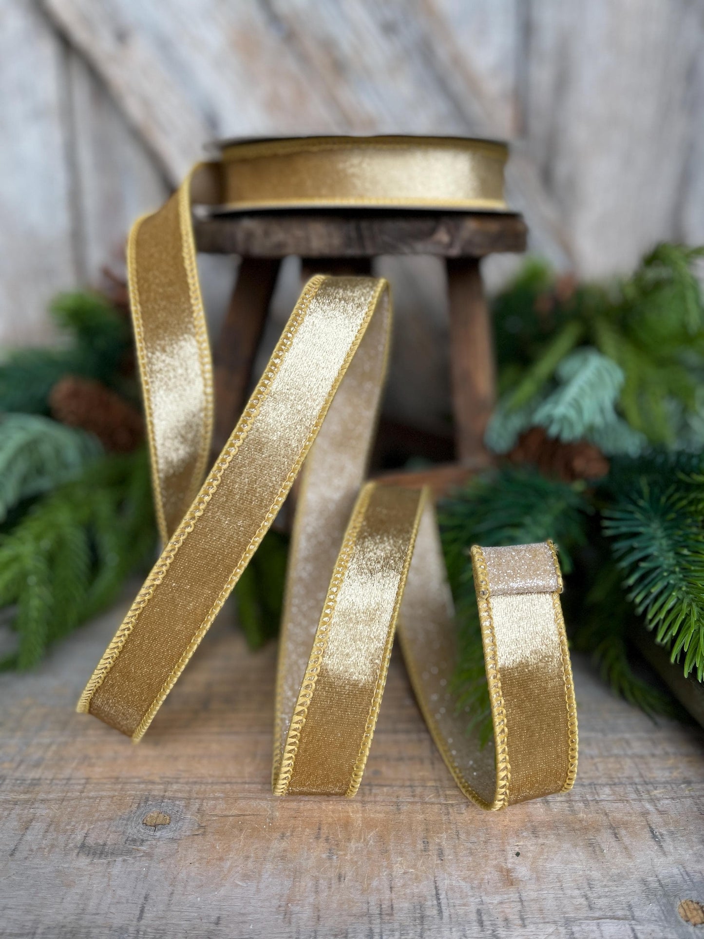 1" Gold Velvet Ribbon, Farrisilk Ribbon, Gold Ribbon, Christmas Ribbon, Plush Stardust ribbon, Designer Ribbon, RS206-50