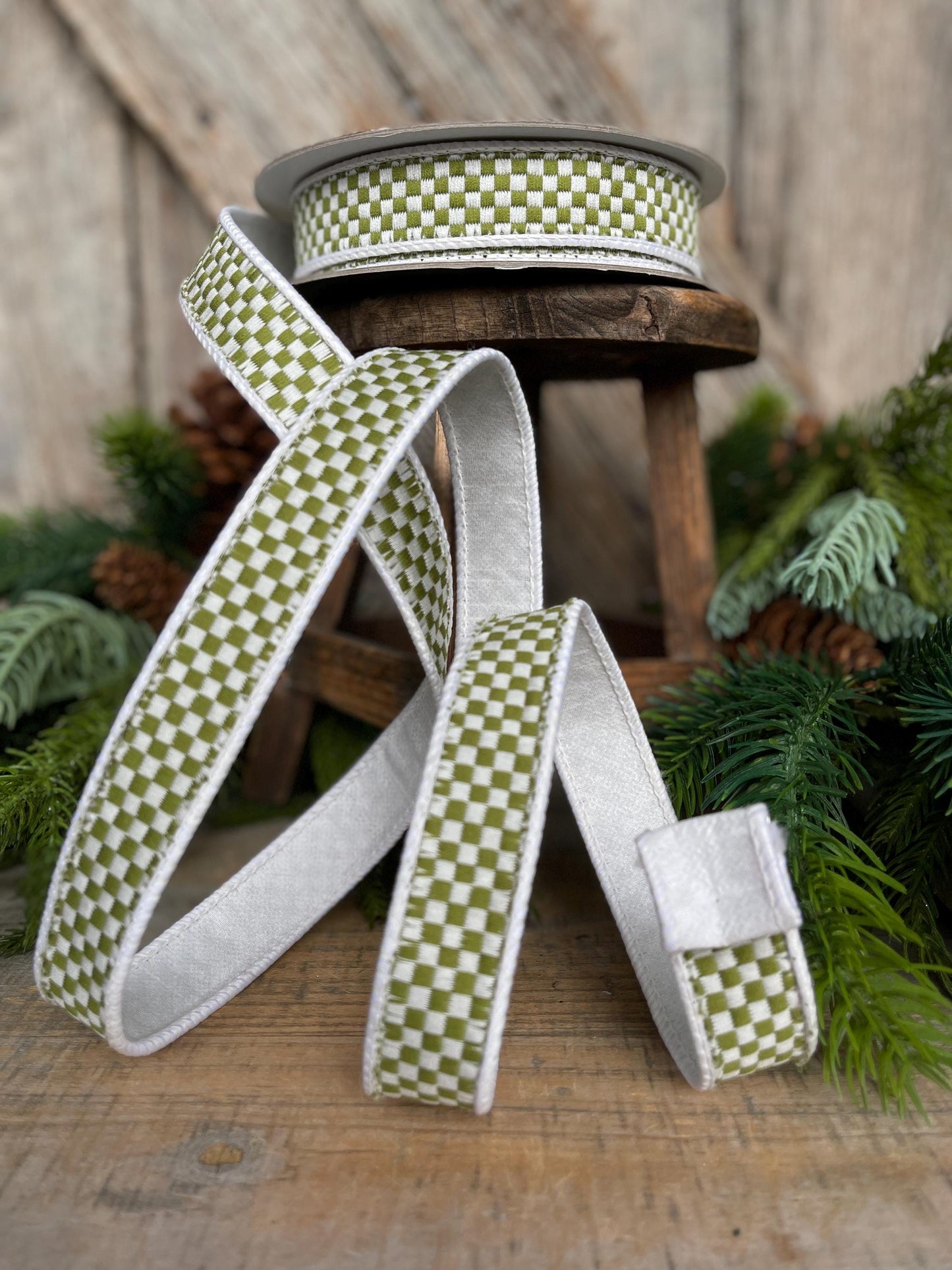 1" Moss Green Check Ribbon, Farrisilk Ribbon, Olive Green Check Ribbon, Kitschy Checks, Christmas Ribbon, Fall Ribbon, RK848-76