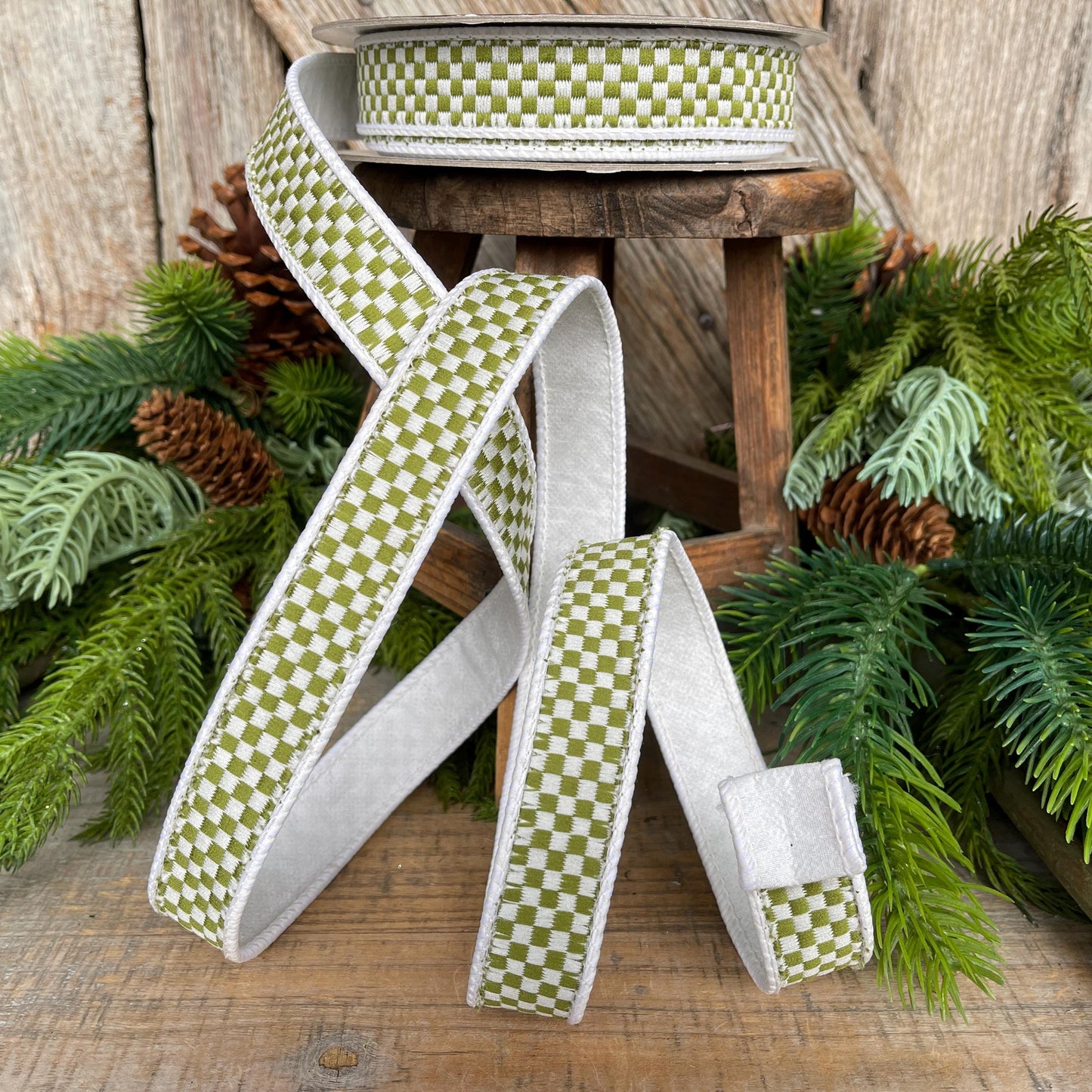 1" Moss Green Check Ribbon, Farrisilk Ribbon, Olive Green Check Ribbon, Kitschy Checks, Christmas Ribbon, Fall Ribbon, RK848-76