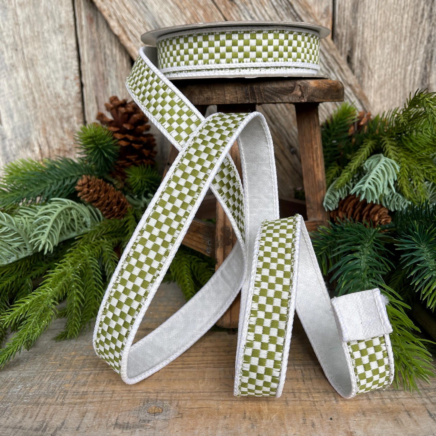 1" Moss Green Check Ribbon, Farrisilk Ribbon, Olive Green Check Ribbon, Kitschy Checks, Christmas Ribbon, Fall Ribbon, RK848-76