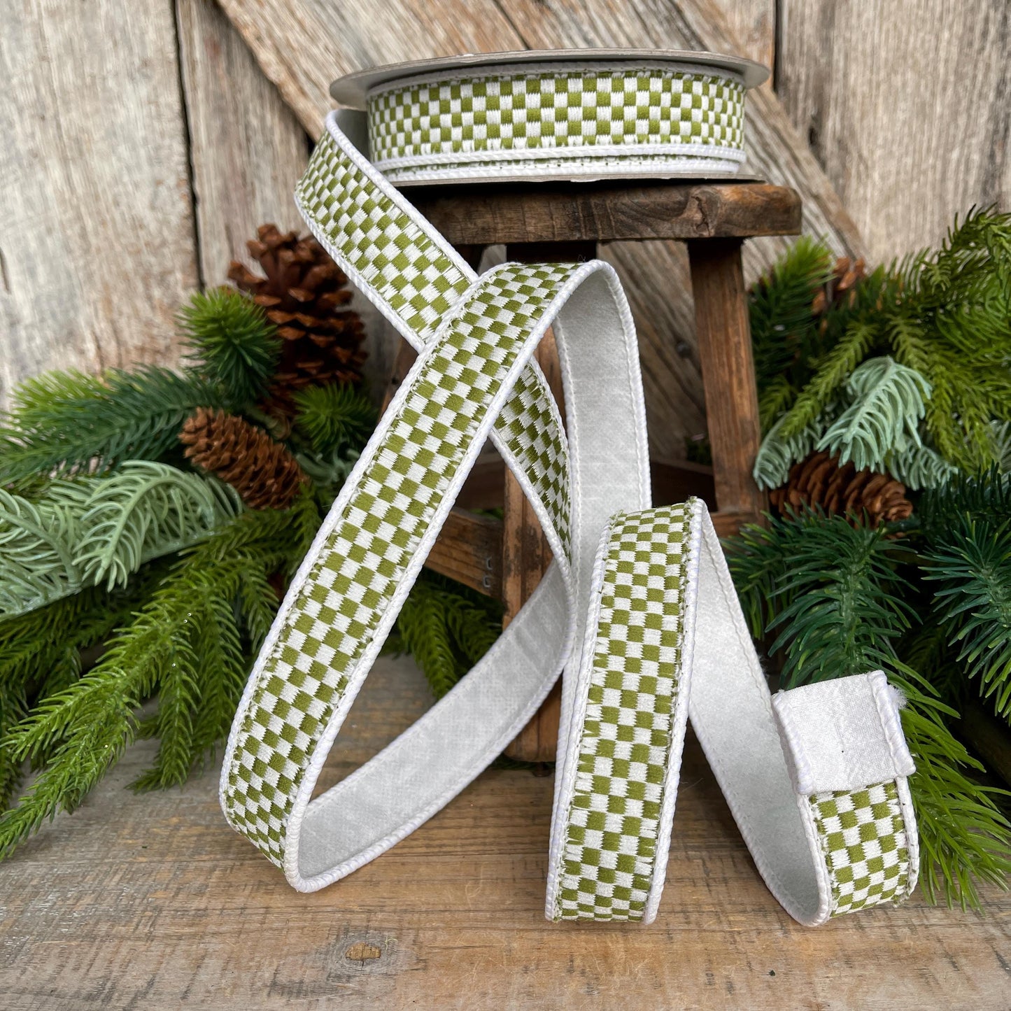 1" Moss Green Check Ribbon, Farrisilk Ribbon, Olive Green Check Ribbon, Kitschy Checks, Christmas Ribbon, Fall Ribbon, RK848-76