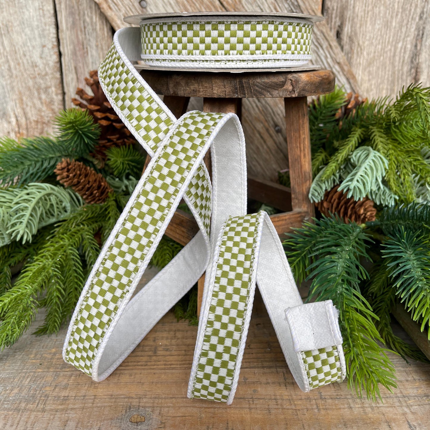 1" Moss Green Check Ribbon, Farrisilk Ribbon, Olive Green Check Ribbon
