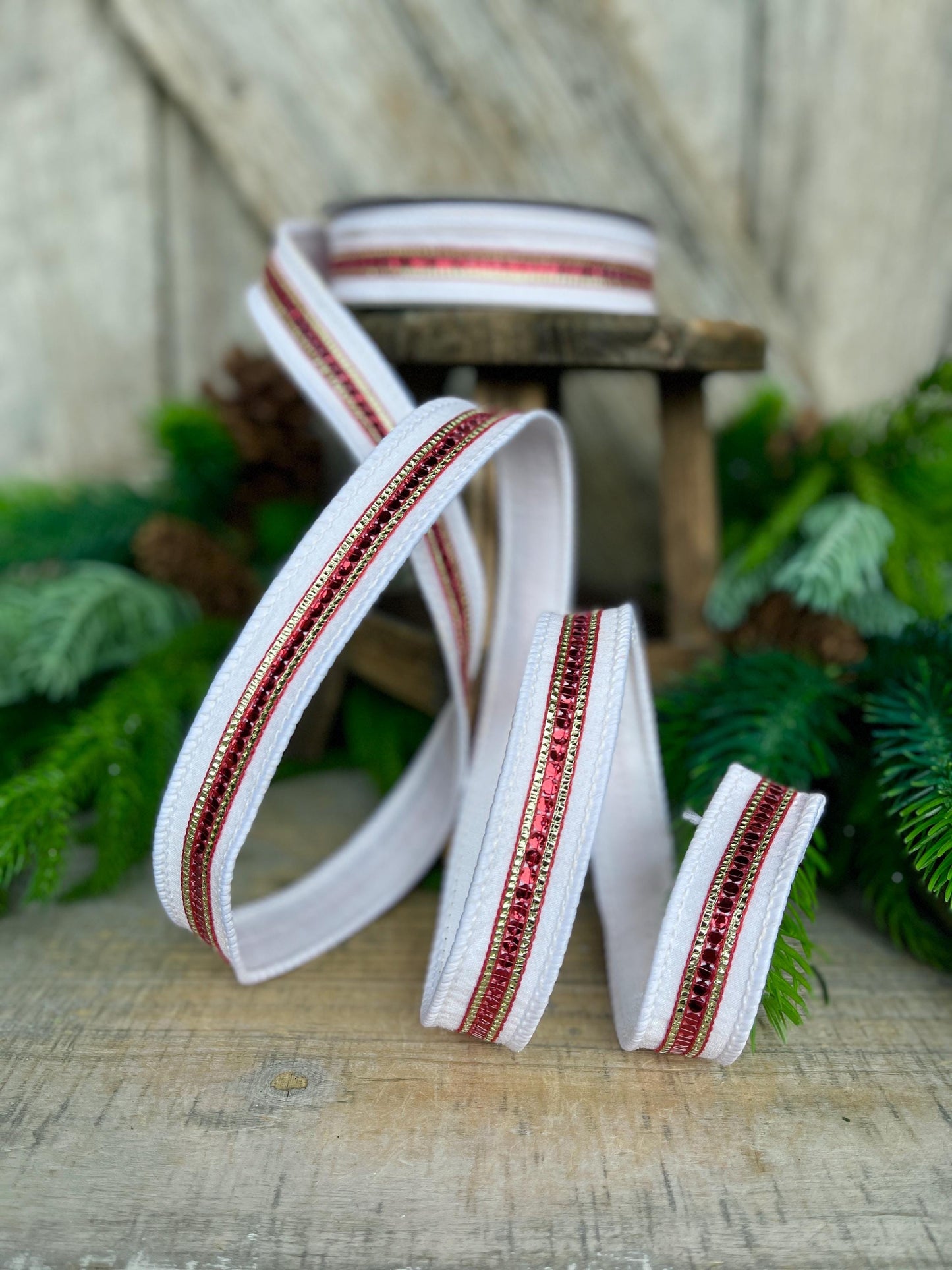 1" Red White Twinkle Trim Ribbon, Farrisilk ribbon, Red Jeweled RIbbon, White & Red Ribbon, Red Christmas Ribbon, Designer RIbbon, RK756-01
