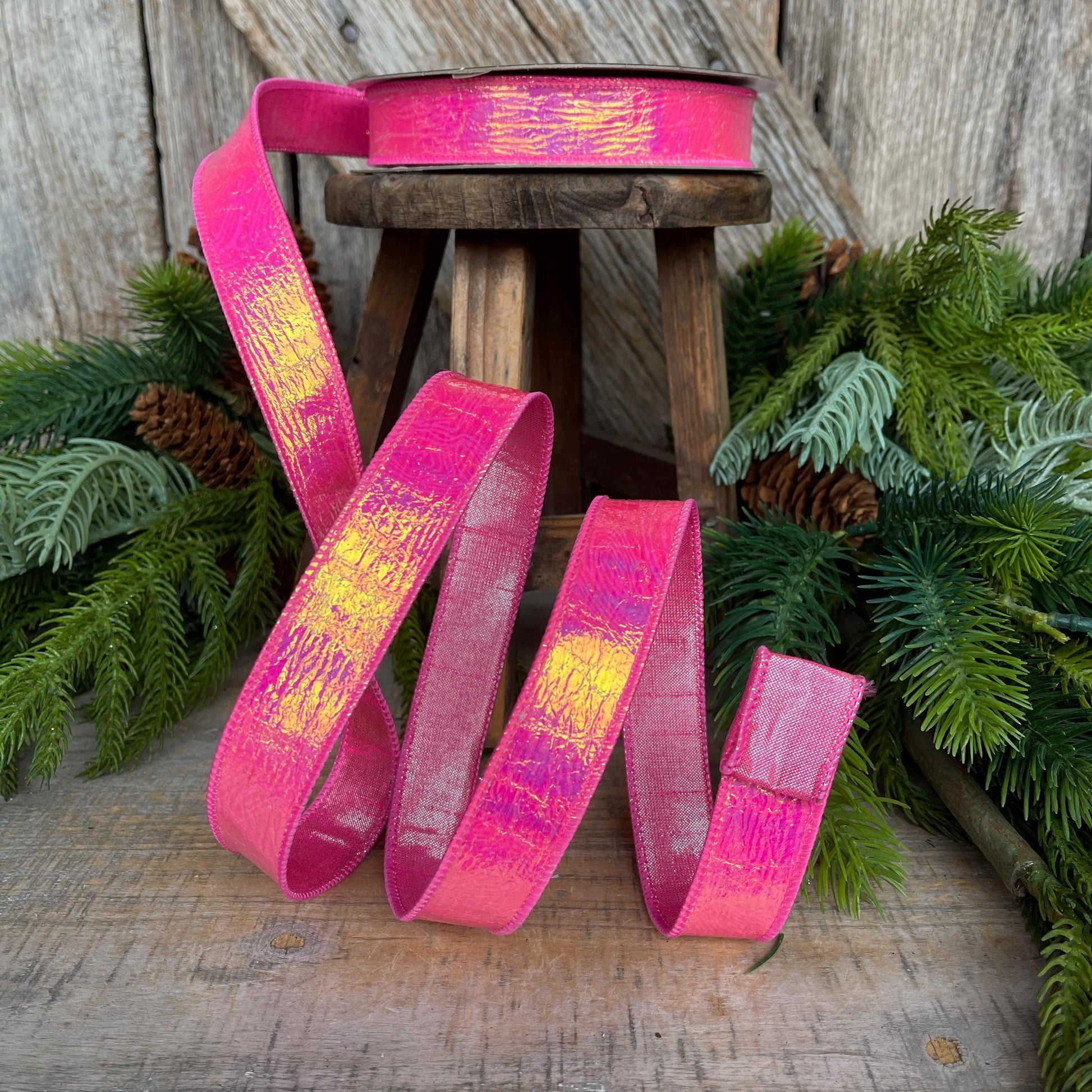 1" Hot Pink Iridescent Ribbon, Farrisilk Ribbon, Bubble Gum Pink Electric Ribbon
