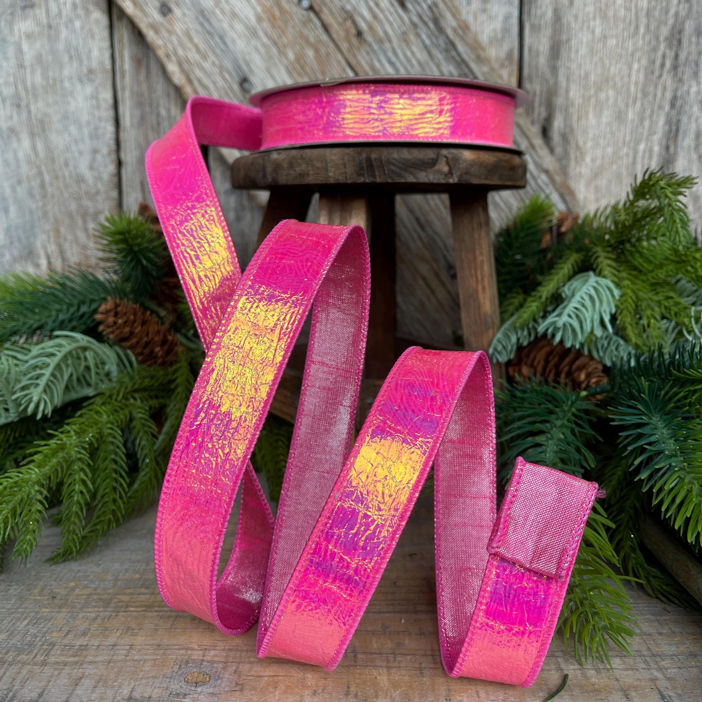 1" Hot Pink Iridescent Ribbon, Farrisilk Ribbon, Bubble Gum Pink Electric Ribbon