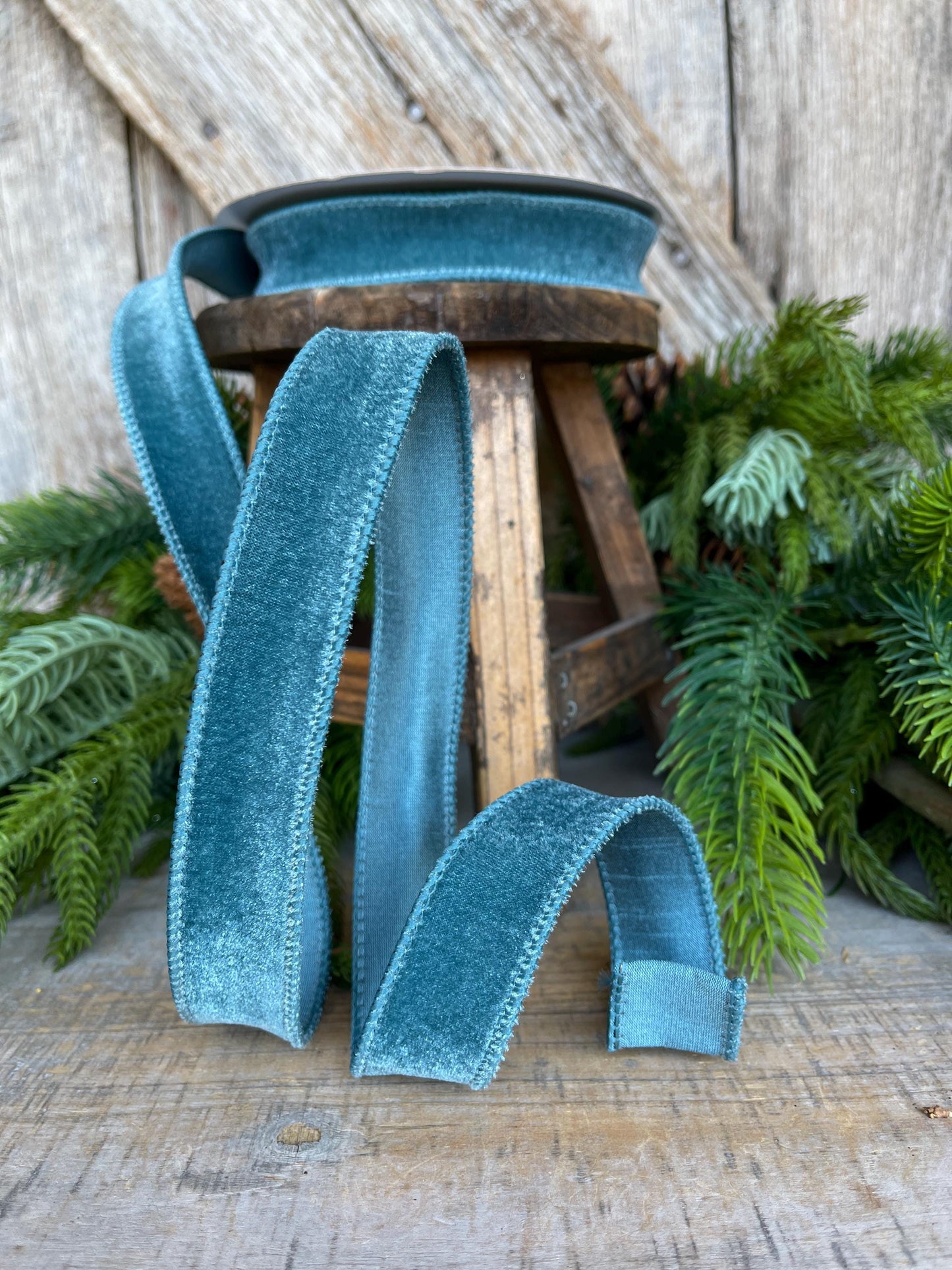 1" Blue Velveteen Ribbon, Farrisilk Ribbon, Celadon Ribbon, Fall Ribbon, Christmas Ribbon, Narrow Ribbon, RS267-75