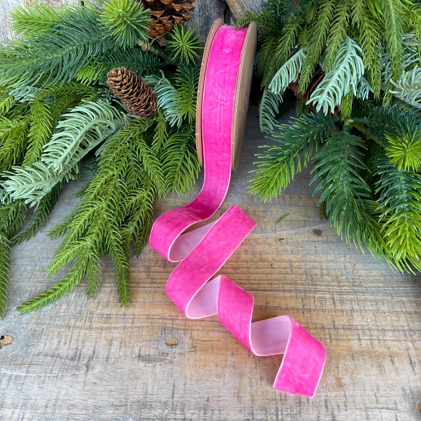 1" Hot Pink Unwired Velvet Ribbon, Christmas Bow Ribbon, Pink Velvet Ribbon