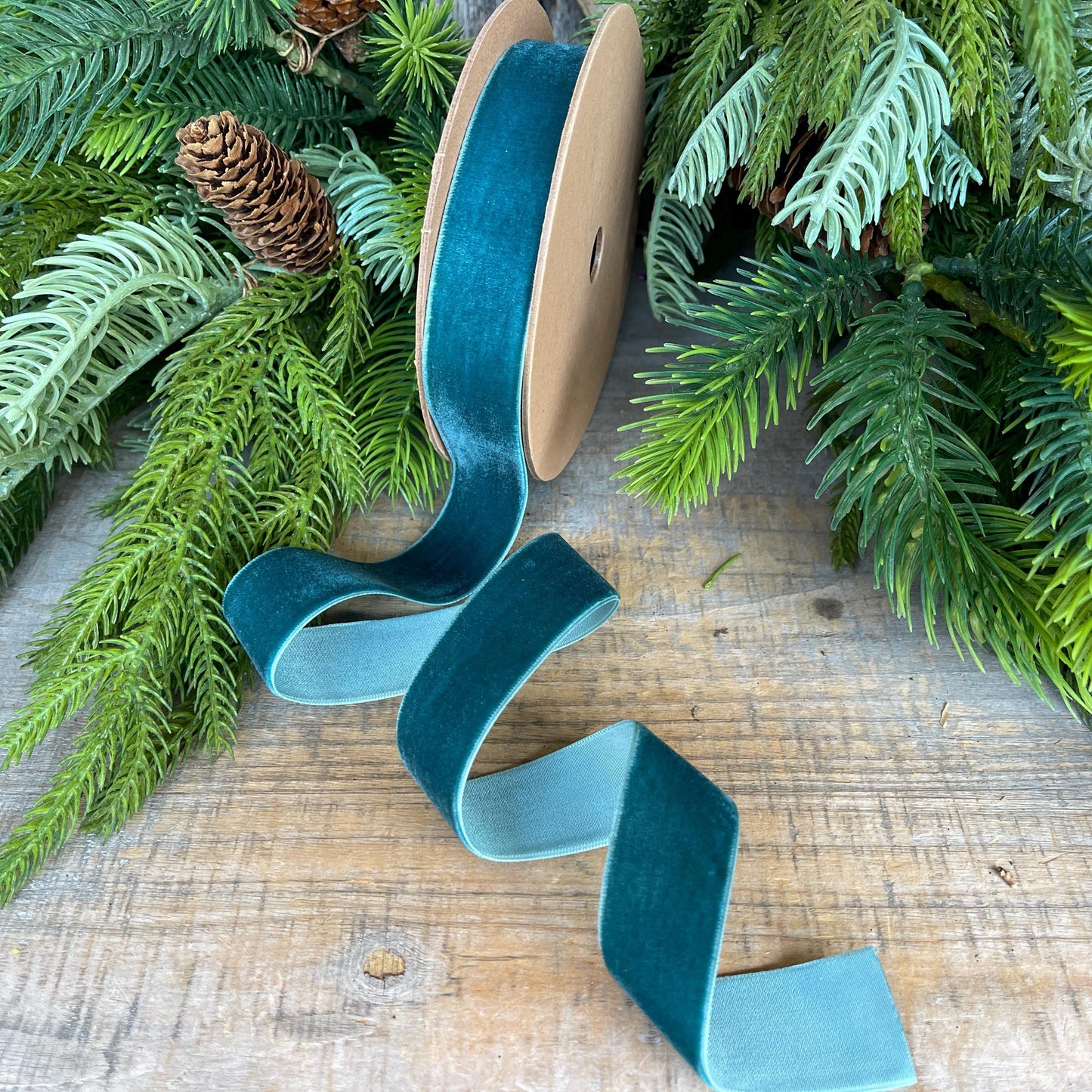 1" Teal Unwired Velvet Ribbon, Christmas Bow Ribbon, Peacock Velvet Ribbon, Christmas Tree Ribbon