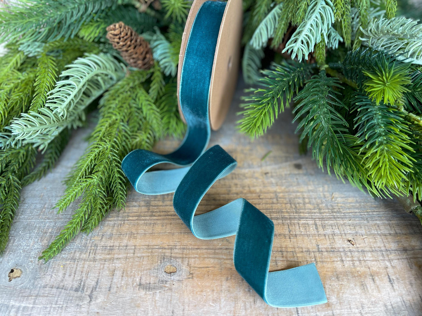 1" Teal Unwired Velvet Ribbon, Christmas Bow Ribbon, Peacock Velvet Ribbon, Christmas Tree Ribbon