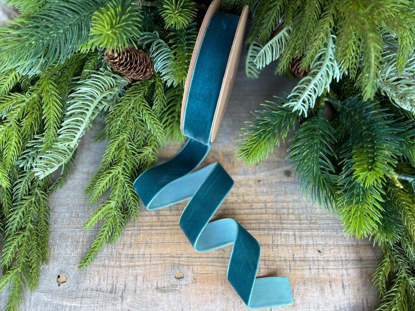 1" Teal Unwired Velvet Ribbon, Christmas Bow Ribbon, Peacock Velvet Ribbon, Christmas Tree Ribbon
