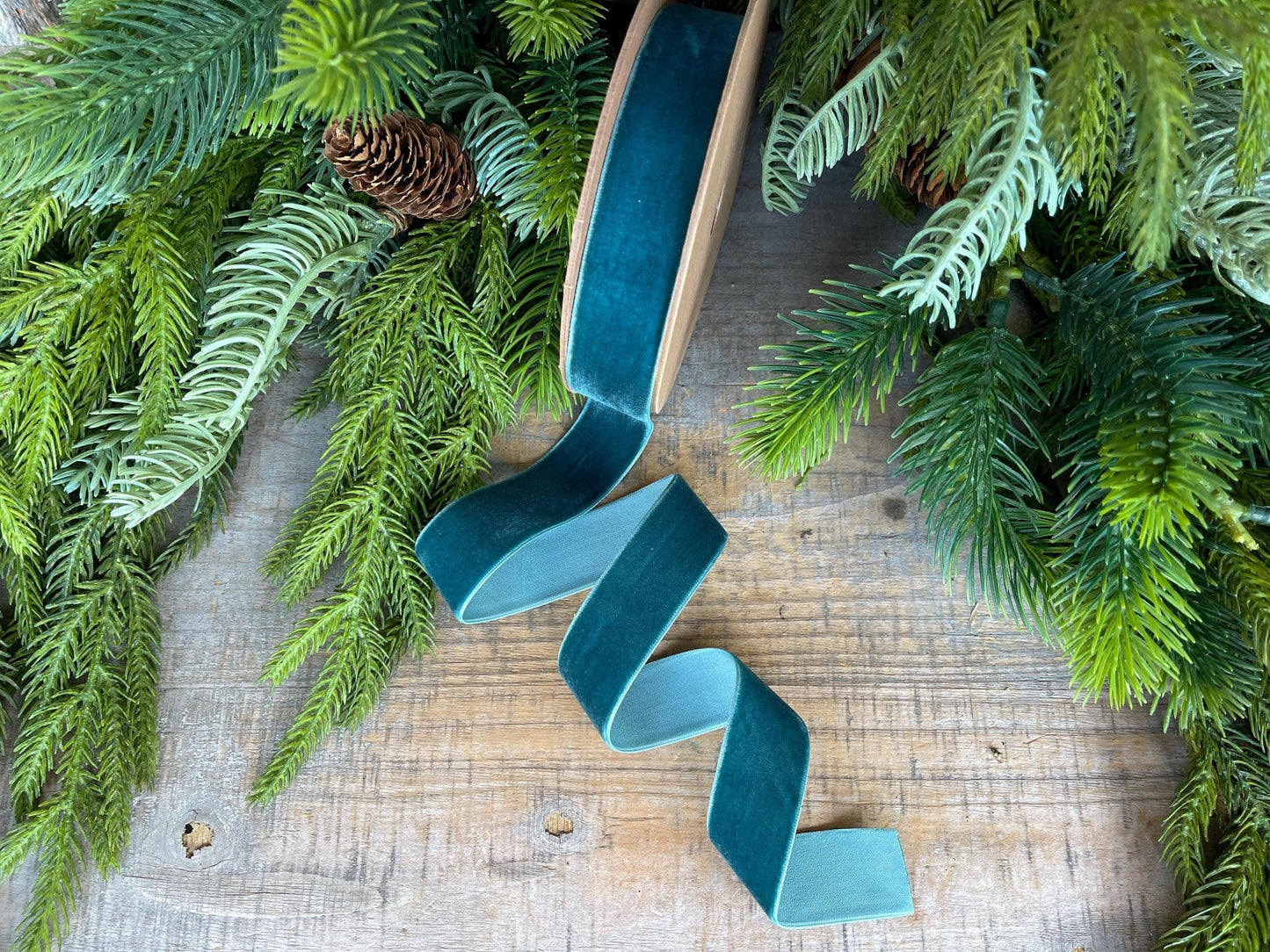 1" Teal Unwired Velvet Ribbon, Christmas Bow Ribbon, Peacock Velvet Ribbon, Christmas Tree Ribbon