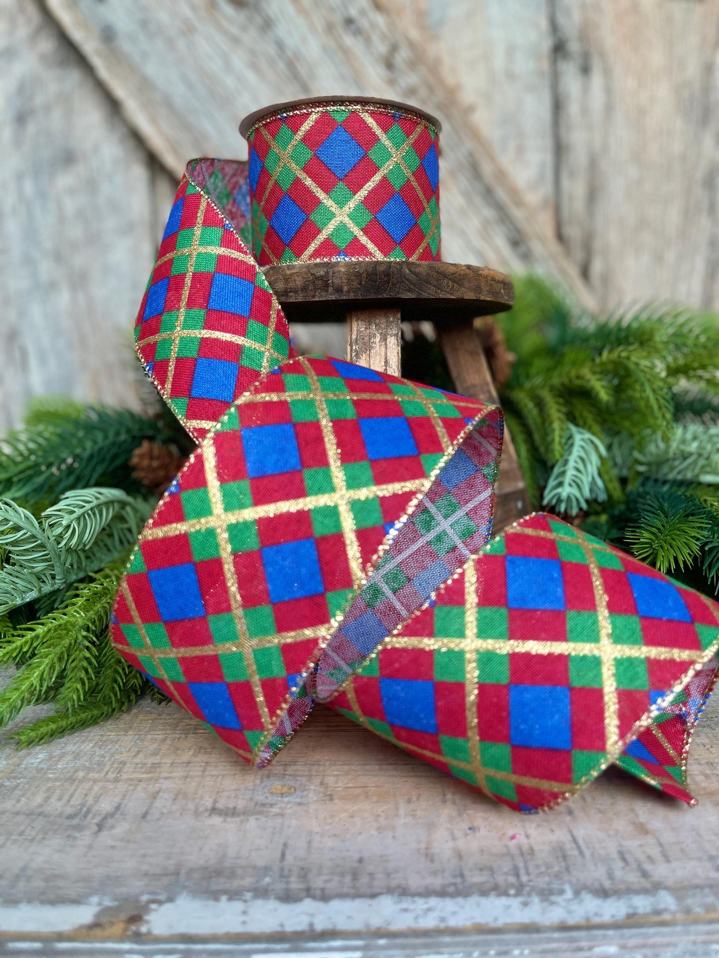 2.5" Blue Christmas Plaid Ribbon, Red Blue Green Gold Georgina Plaid Ribbon, Christmas plaid Ribbon, Christmas Tree Ribbon